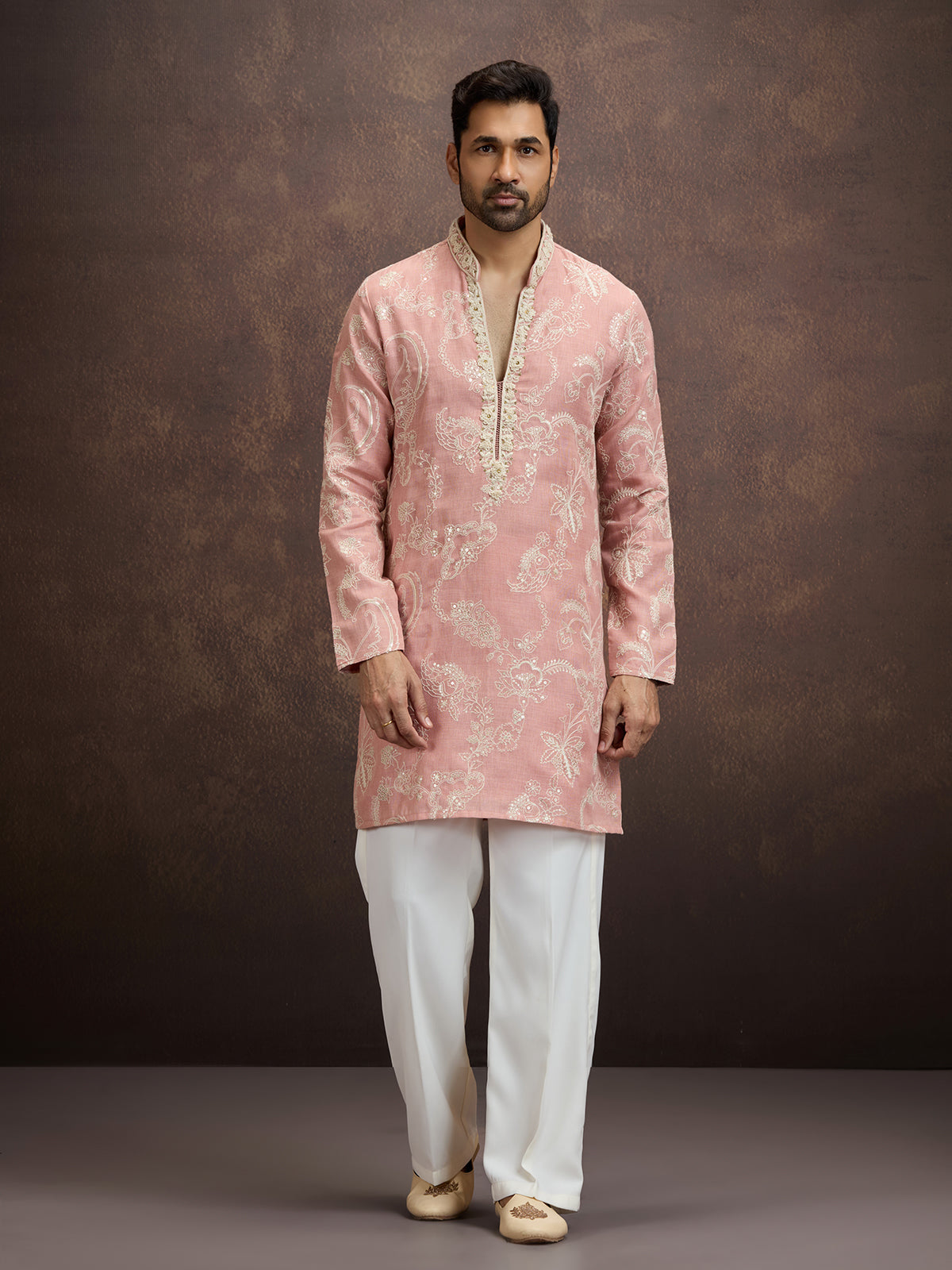 Peach floral embroidered linen kurta pajama for men