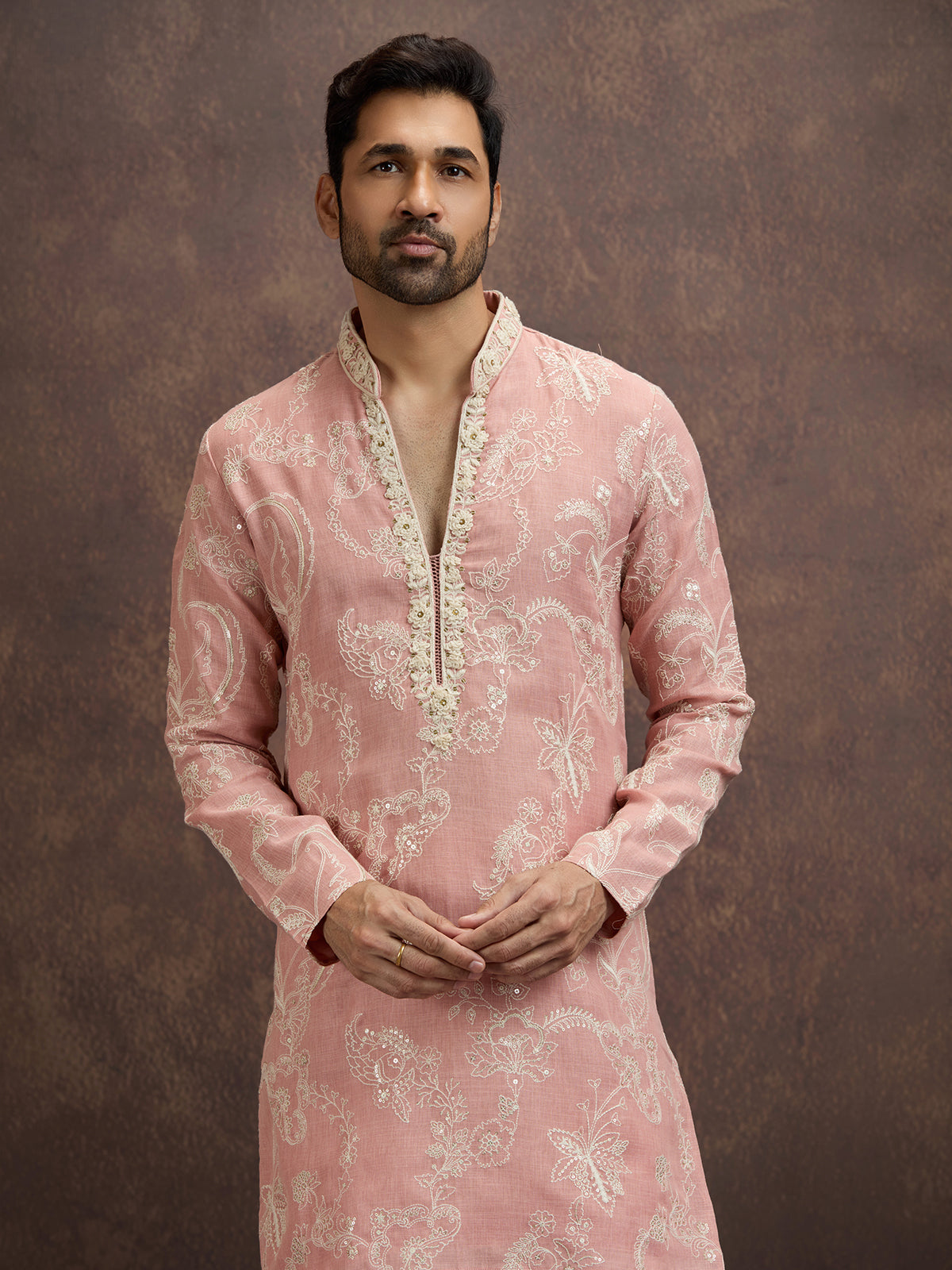 Peach floral embroidered linen kurta pajama for men