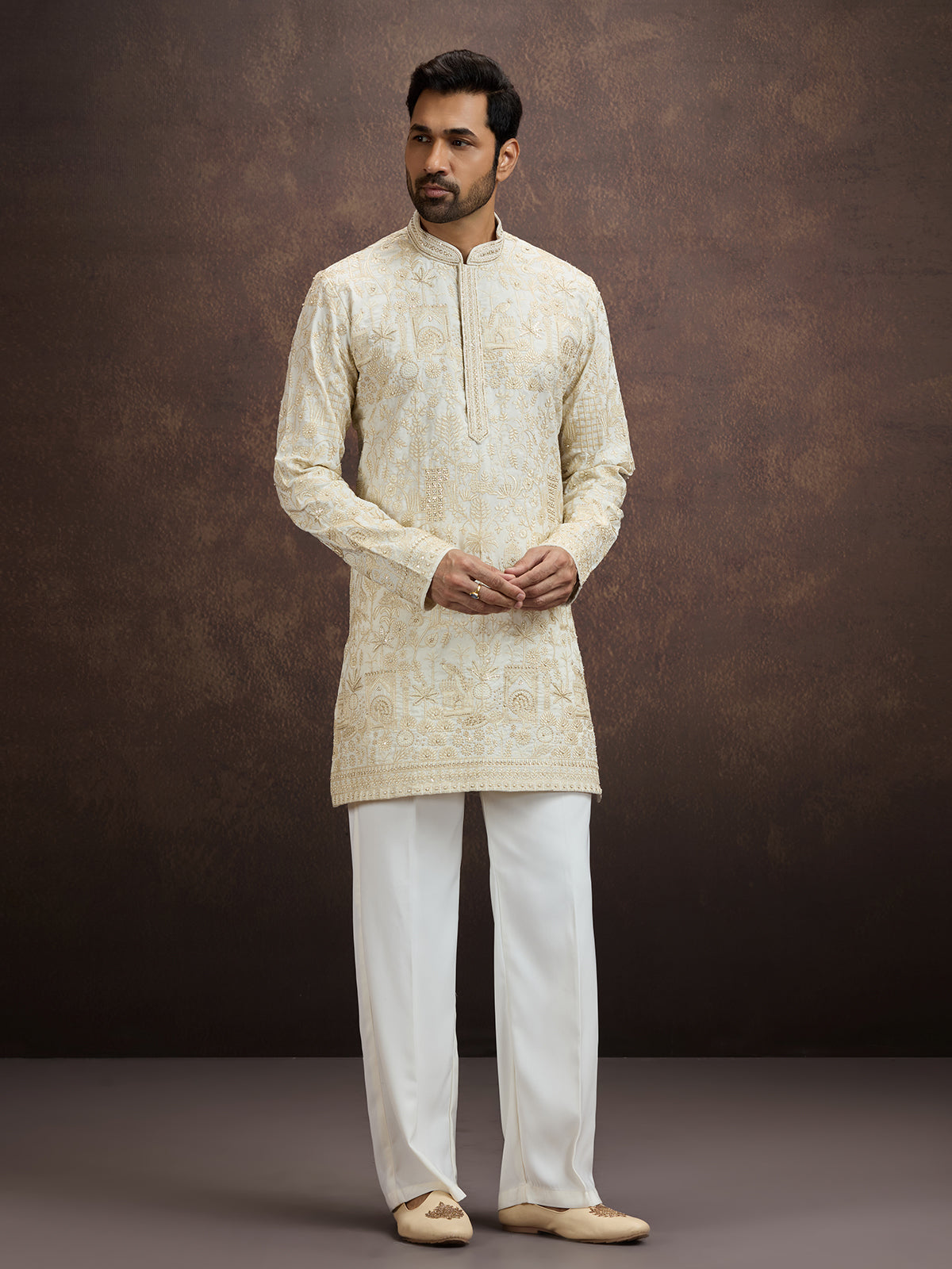 Cream chikankari embroidered kurta pajama for men