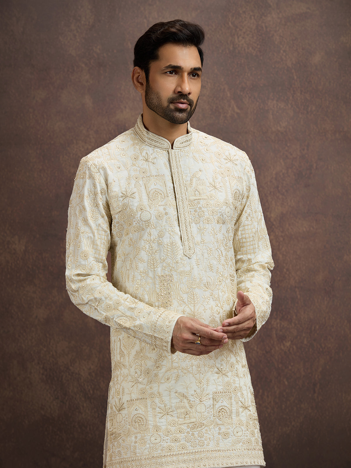 Cream chikankari embroidered kurta pajama for men