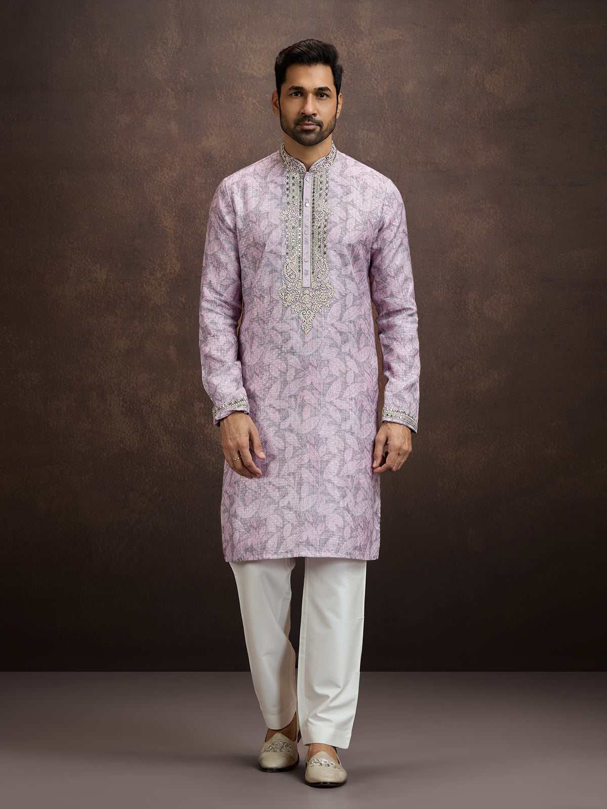 Lavender printed aabla work kurta pajama for men