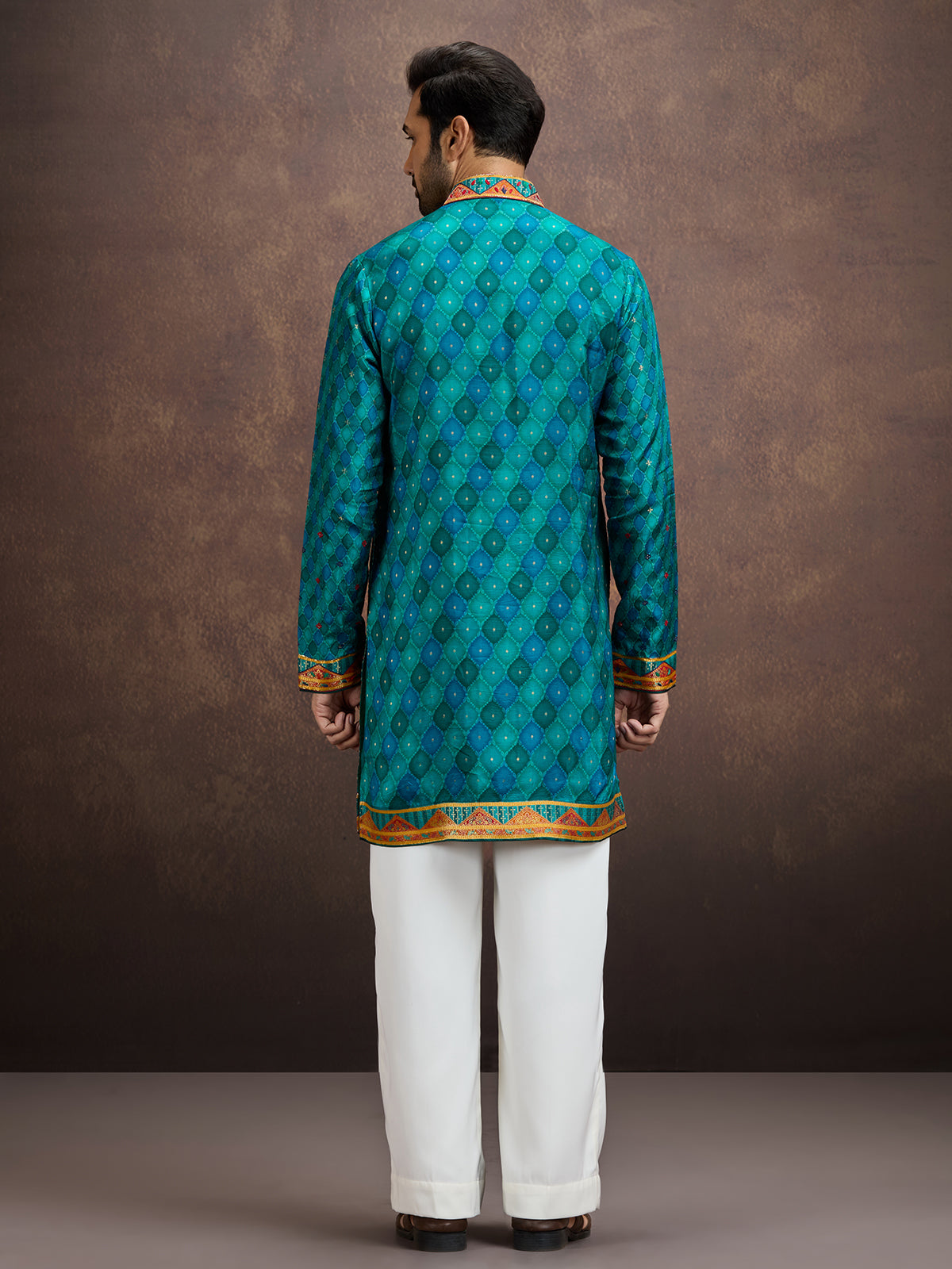 Teal green bandhani kurta pajama for men