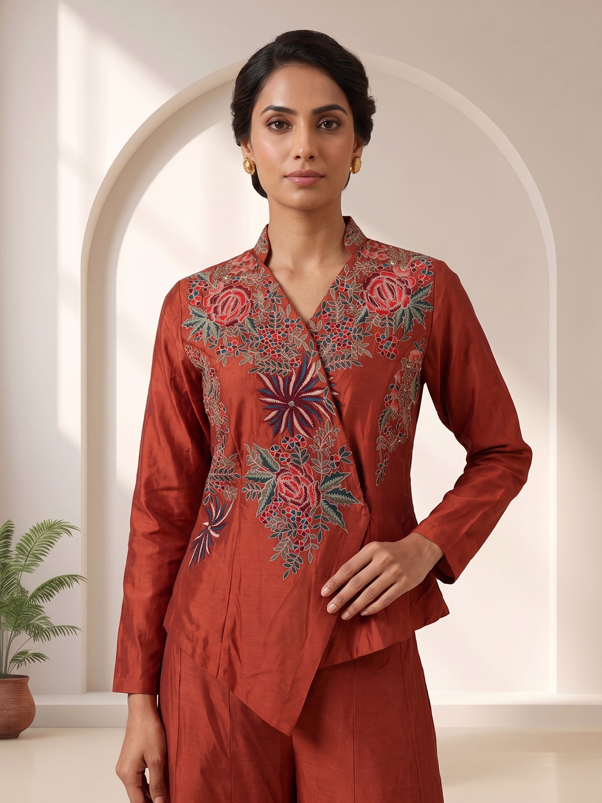 Rust embroidered indo western sharara suit for wedding celebration