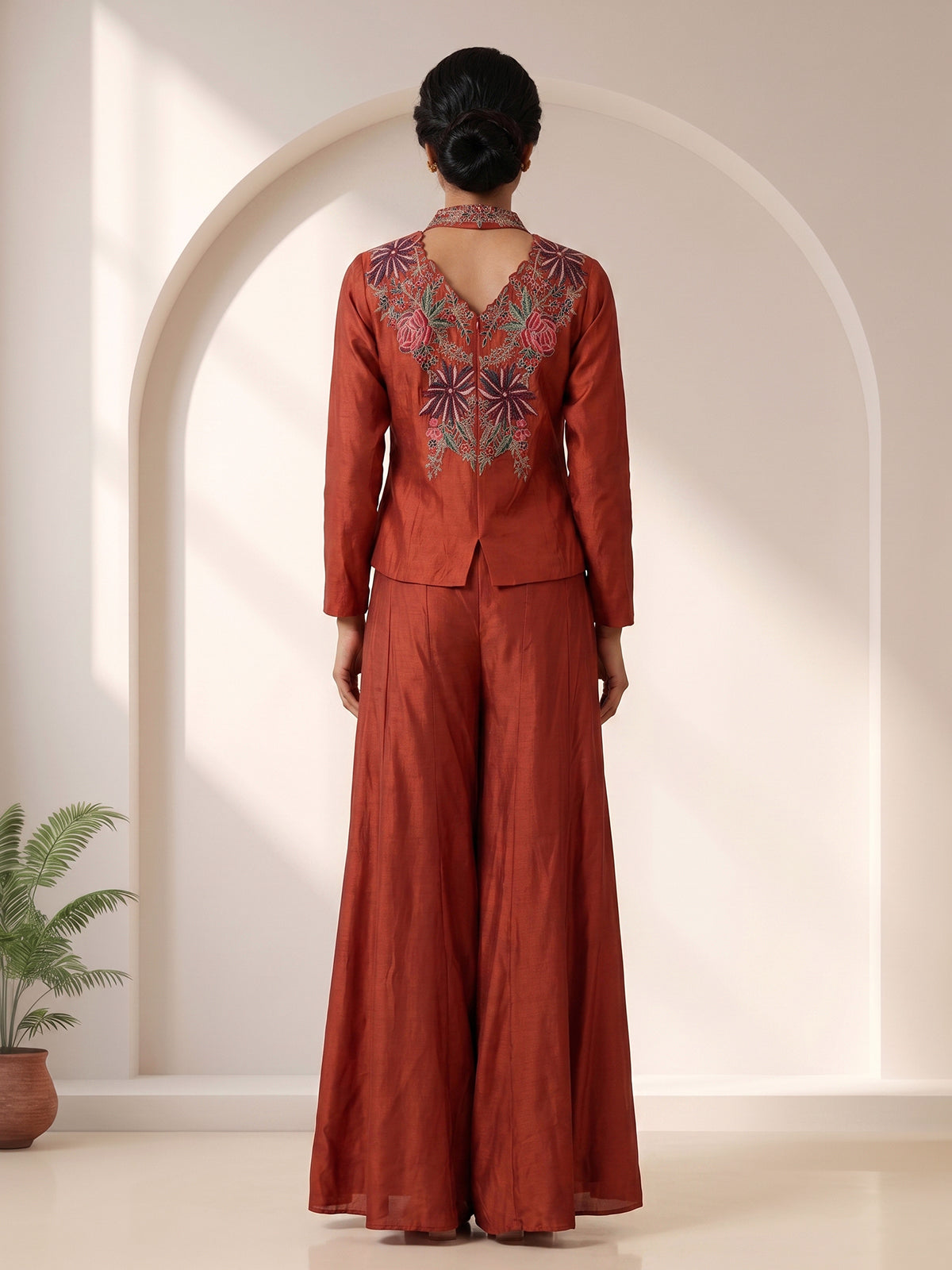 Rust embroidered indo western sharara suit for wedding celebration