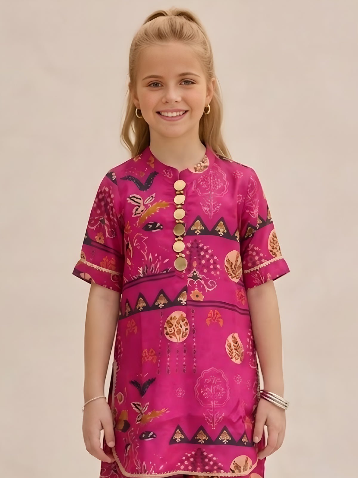 Fuchsia pink boho printed girls co-ord set