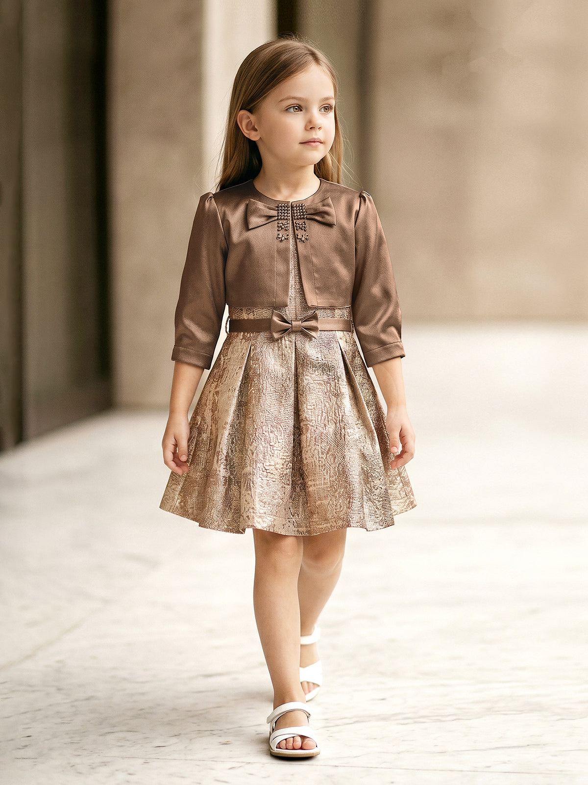 Brown beaded jacquard girls frock