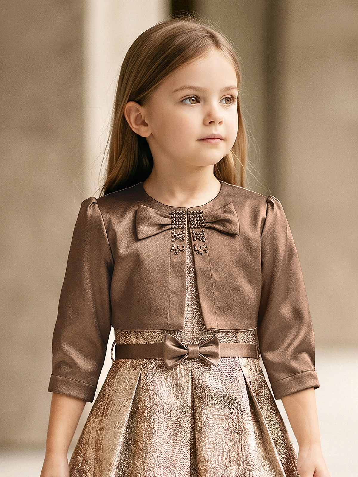 Brown beaded jacquard girls frock
