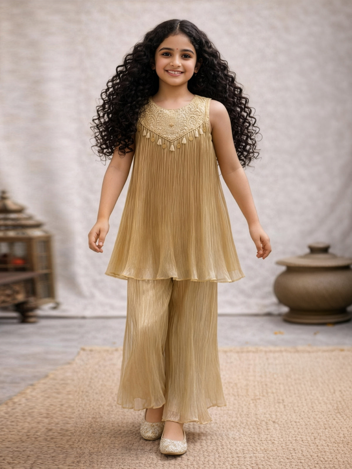 Beige zari embellished girls pant suit