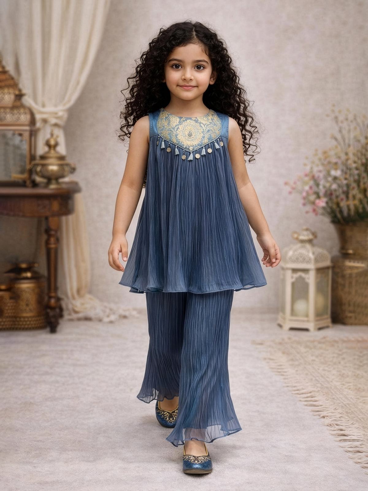 Stone blue zari embellished girls pant suit