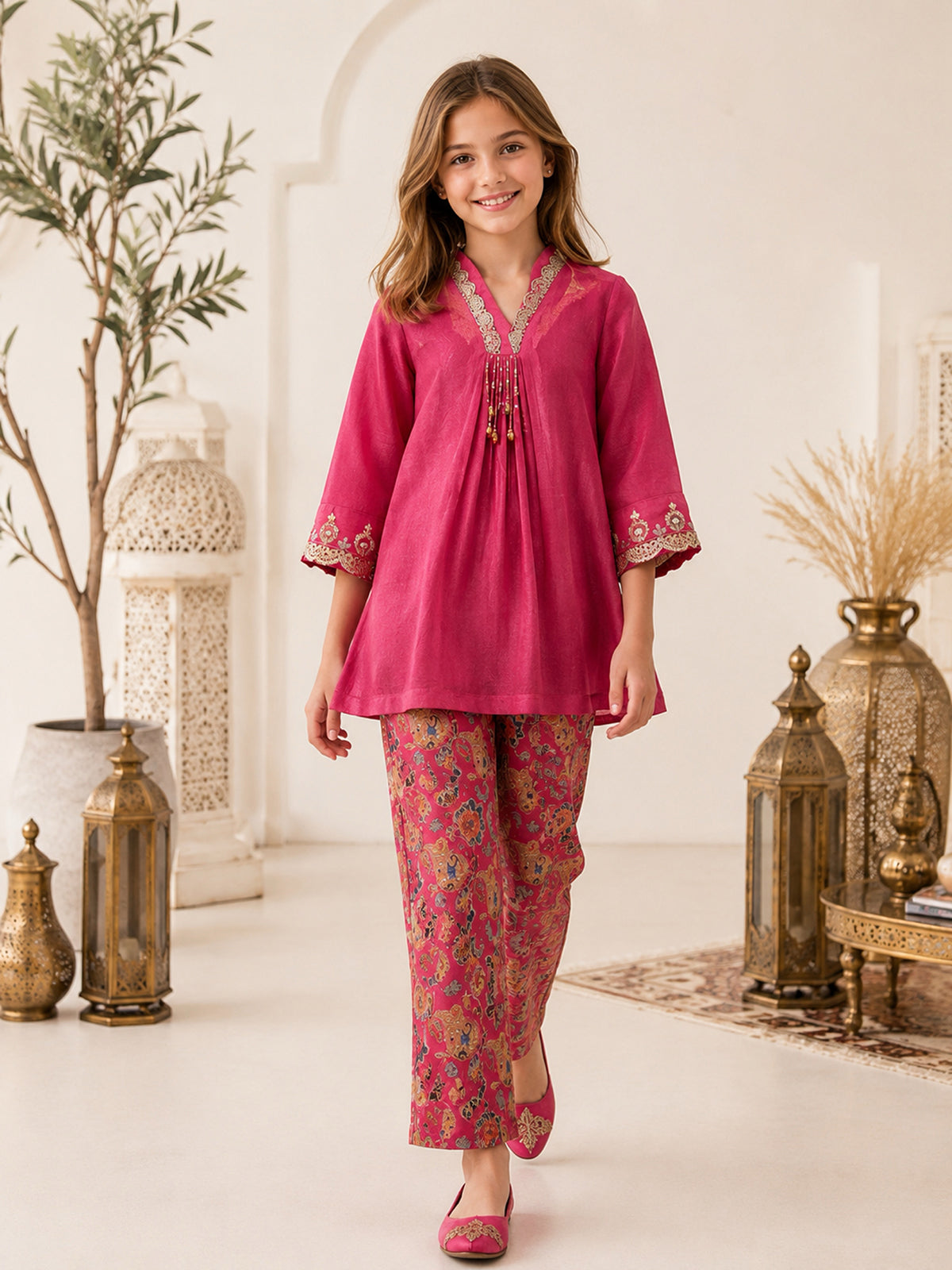 Pink printed girls palazzo suit