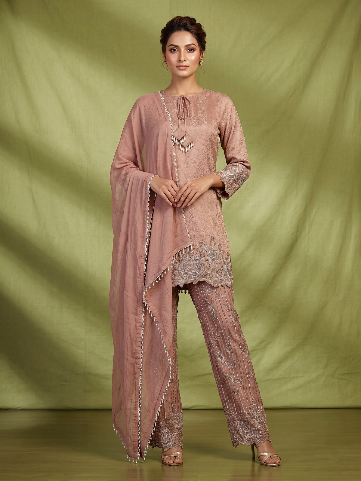 Peach embellished women pant suit with dupatta