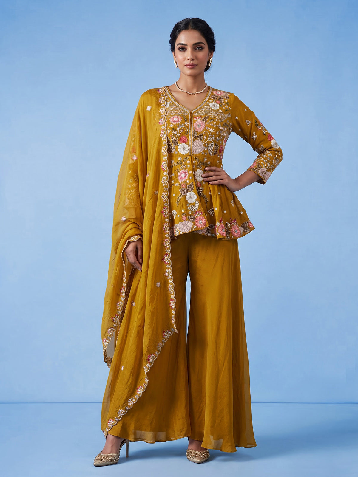 Mustard yellow zardosi embroidered women palazzo suit