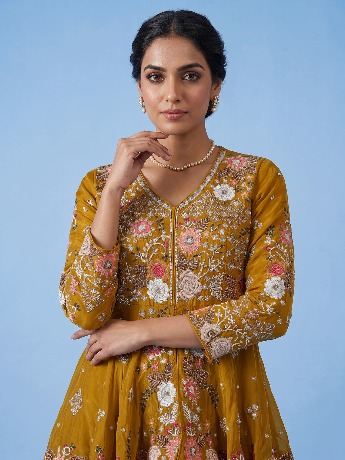 Mustard yellow zardosi embroidered women palazzo suit