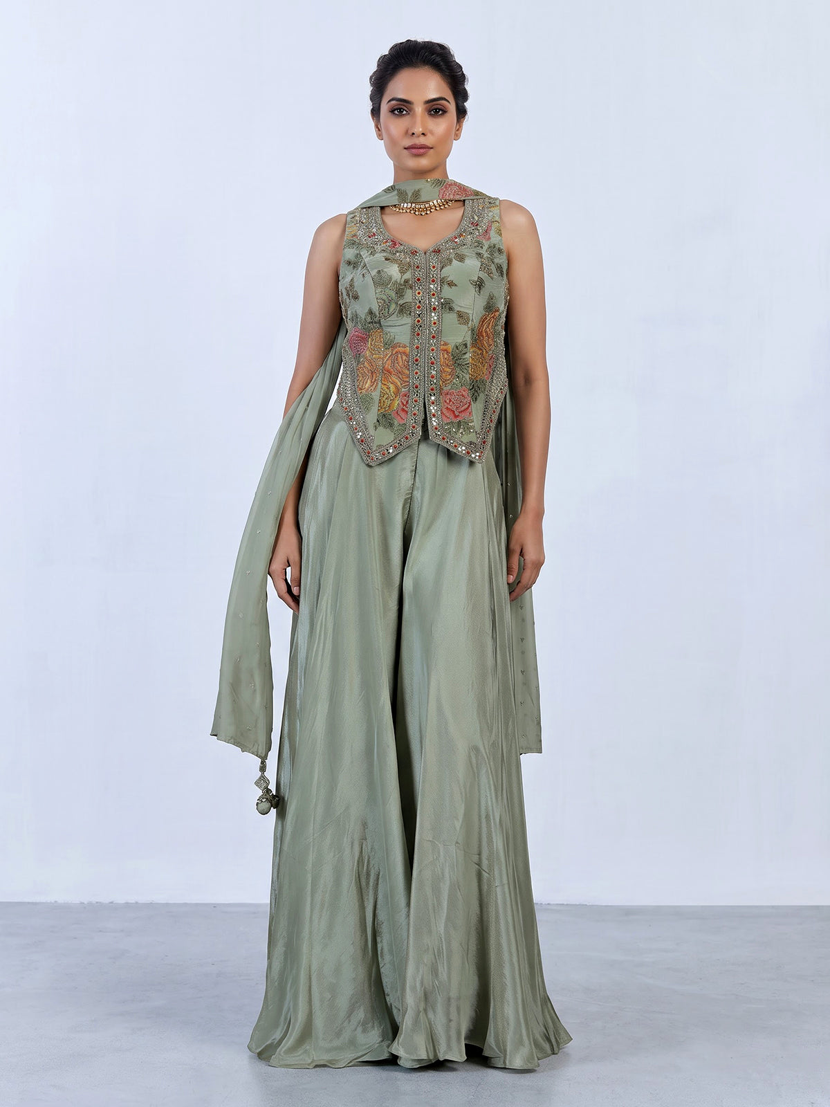 Pista green floral embroidered women palazzo suit