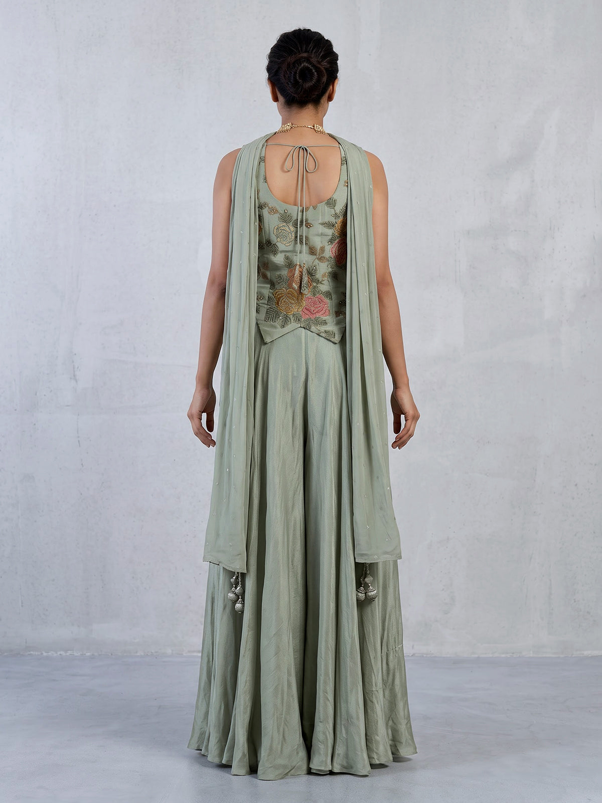 Pista green floral embroidered women palazzo suit