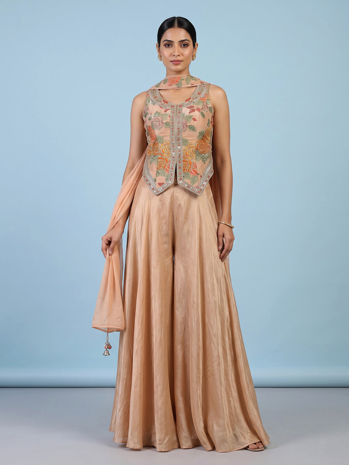 Peach floral embroidered women palazzo suit with choker dupatta