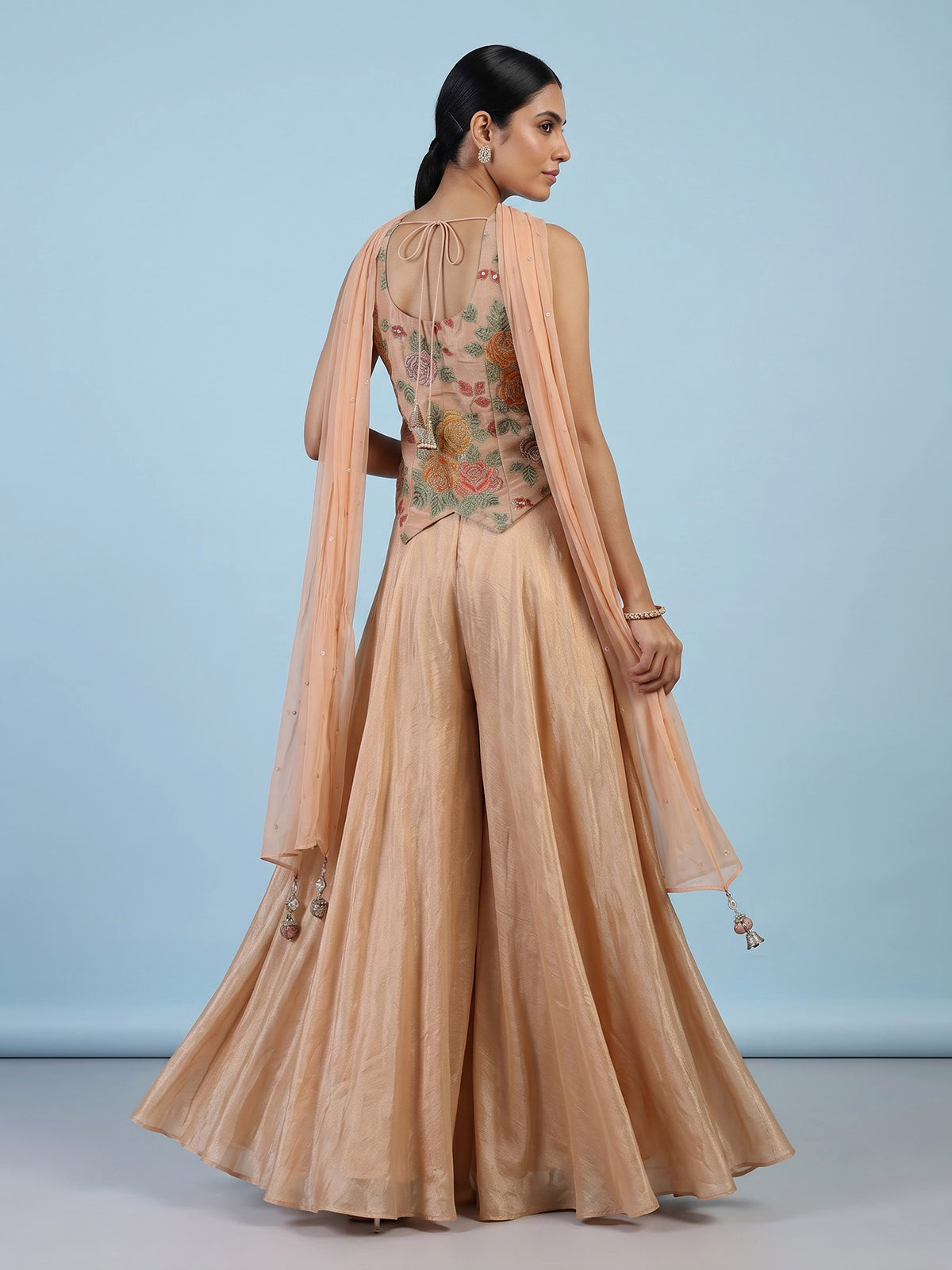 Peach floral embroidered women palazzo suit with choker dupatta