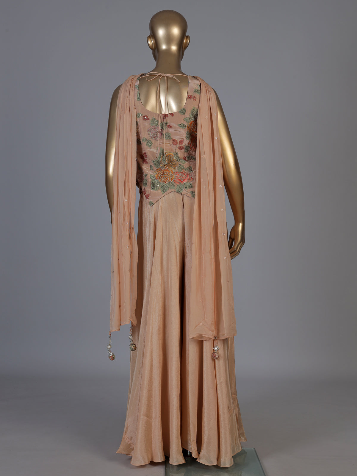 Peach floral embroidered women palazzo suit with choker dupatta