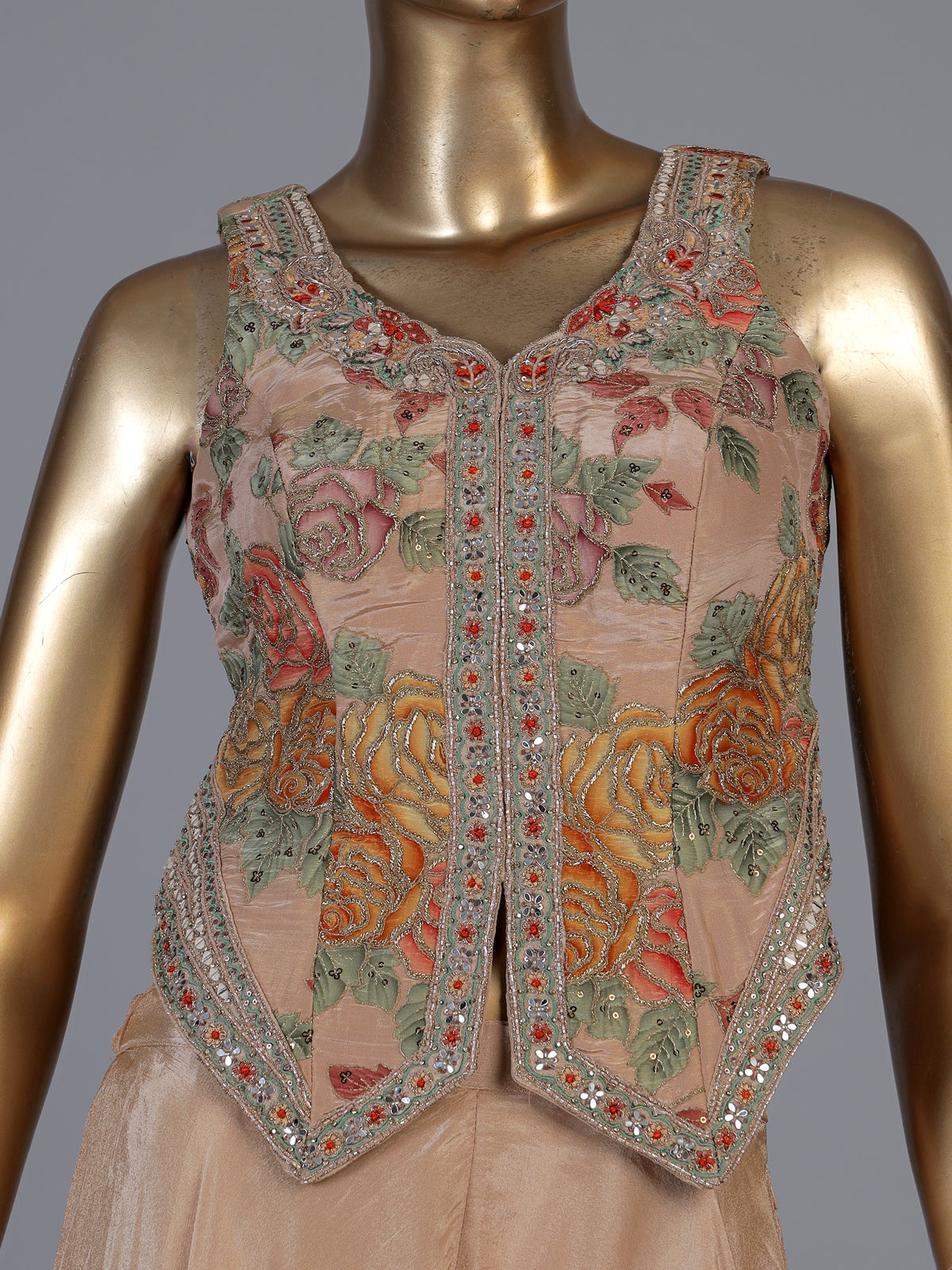 Peach floral embroidered women palazzo suit with choker dupatta
