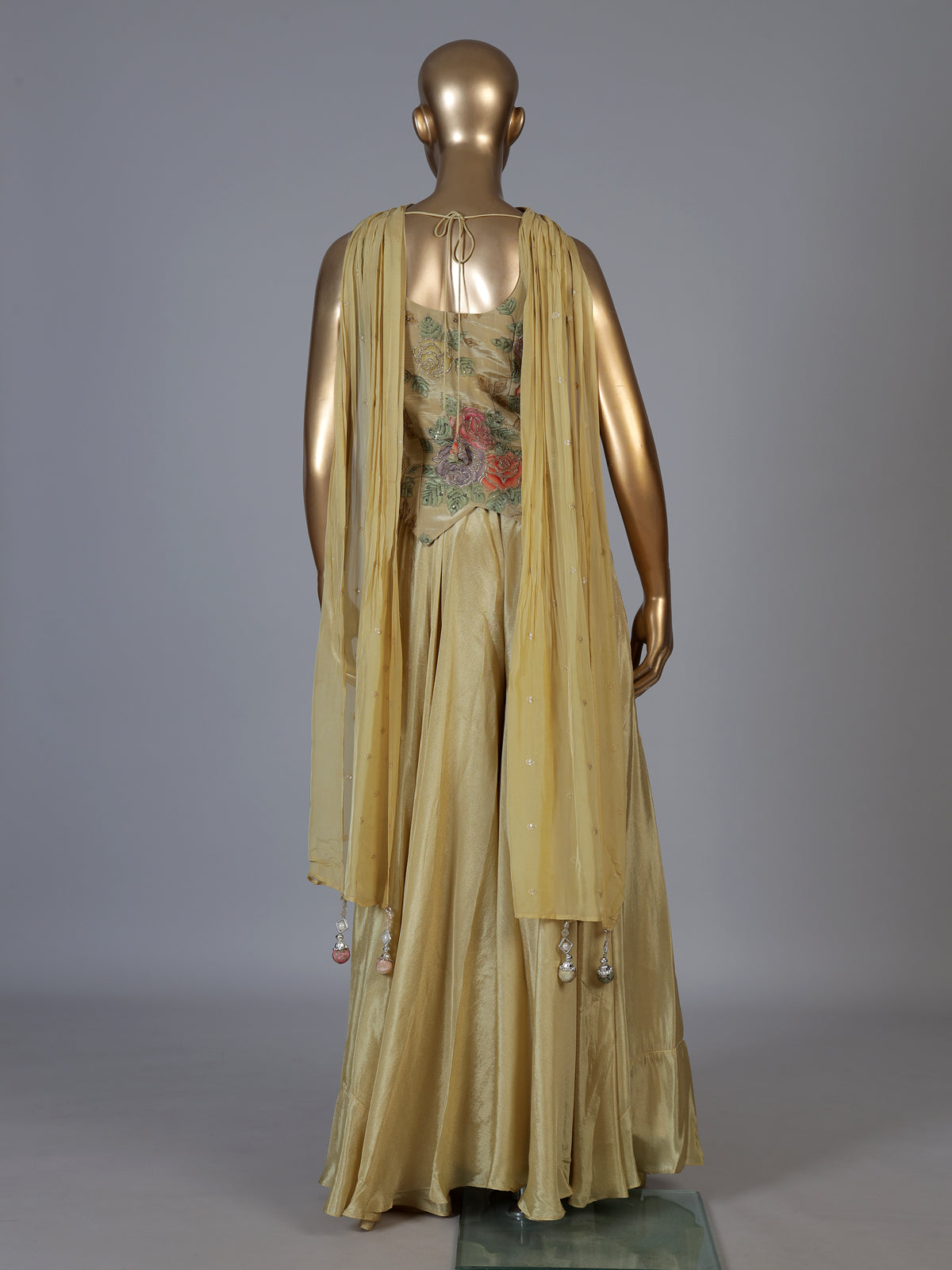 Beige floral embroidered women palazzo suit with choker dupatta
