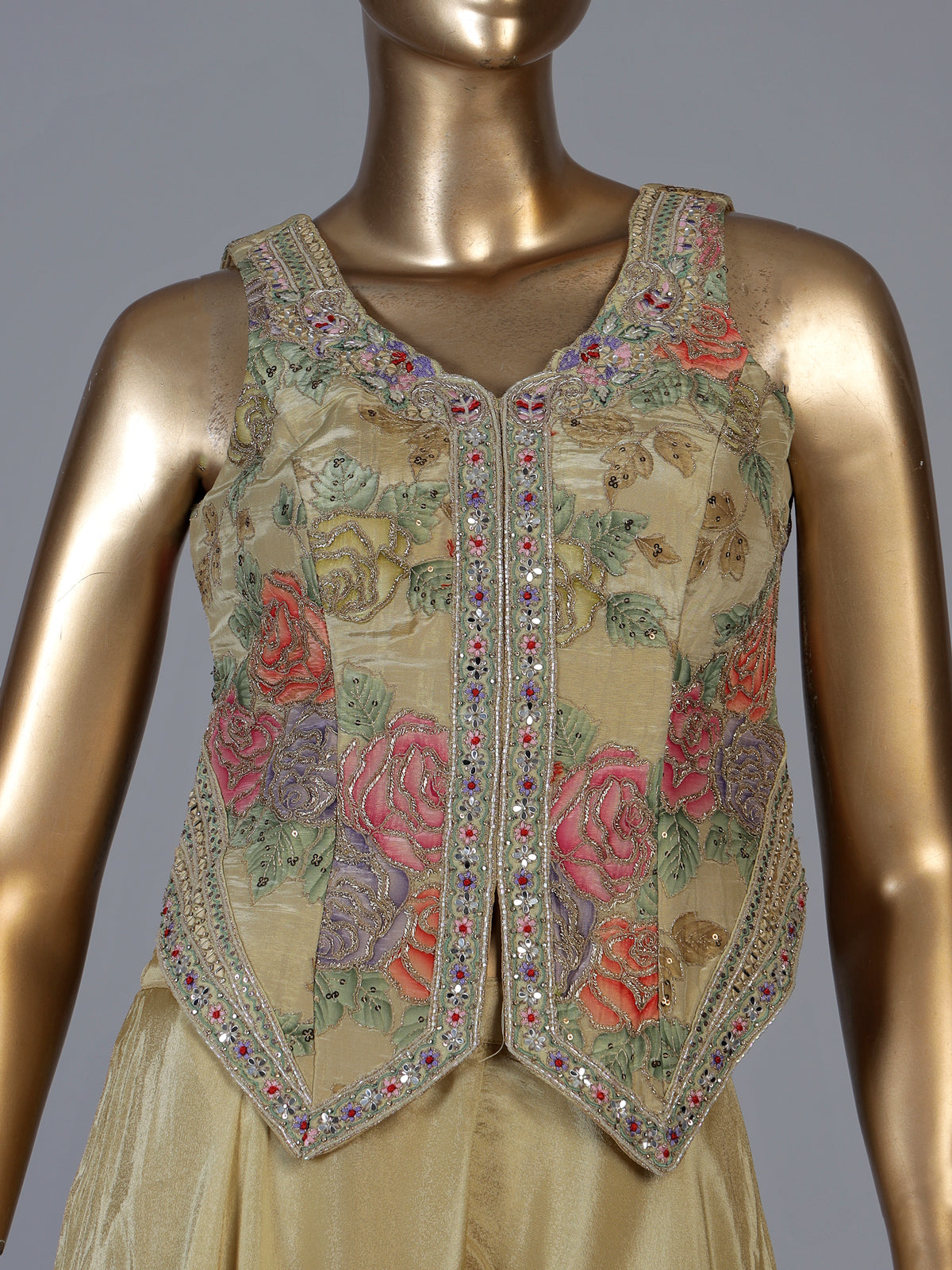 Beige floral embroidered women palazzo suit with choker dupatta