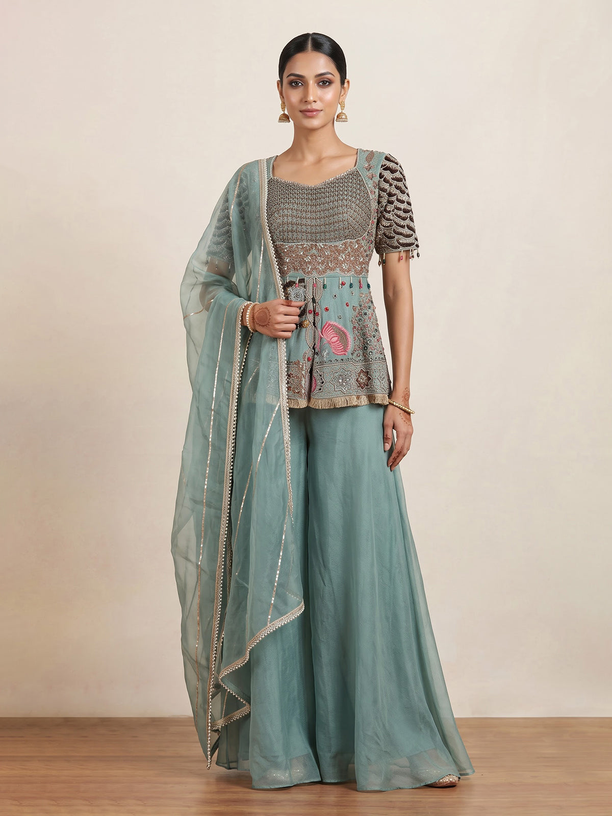 Green mirror embellished women palazzo suit with dupatta