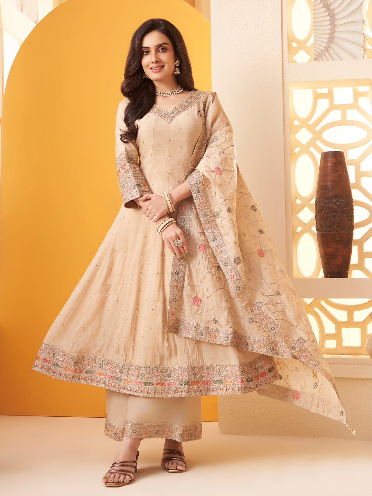 Cream cotton silk embroidered salwar suit for women