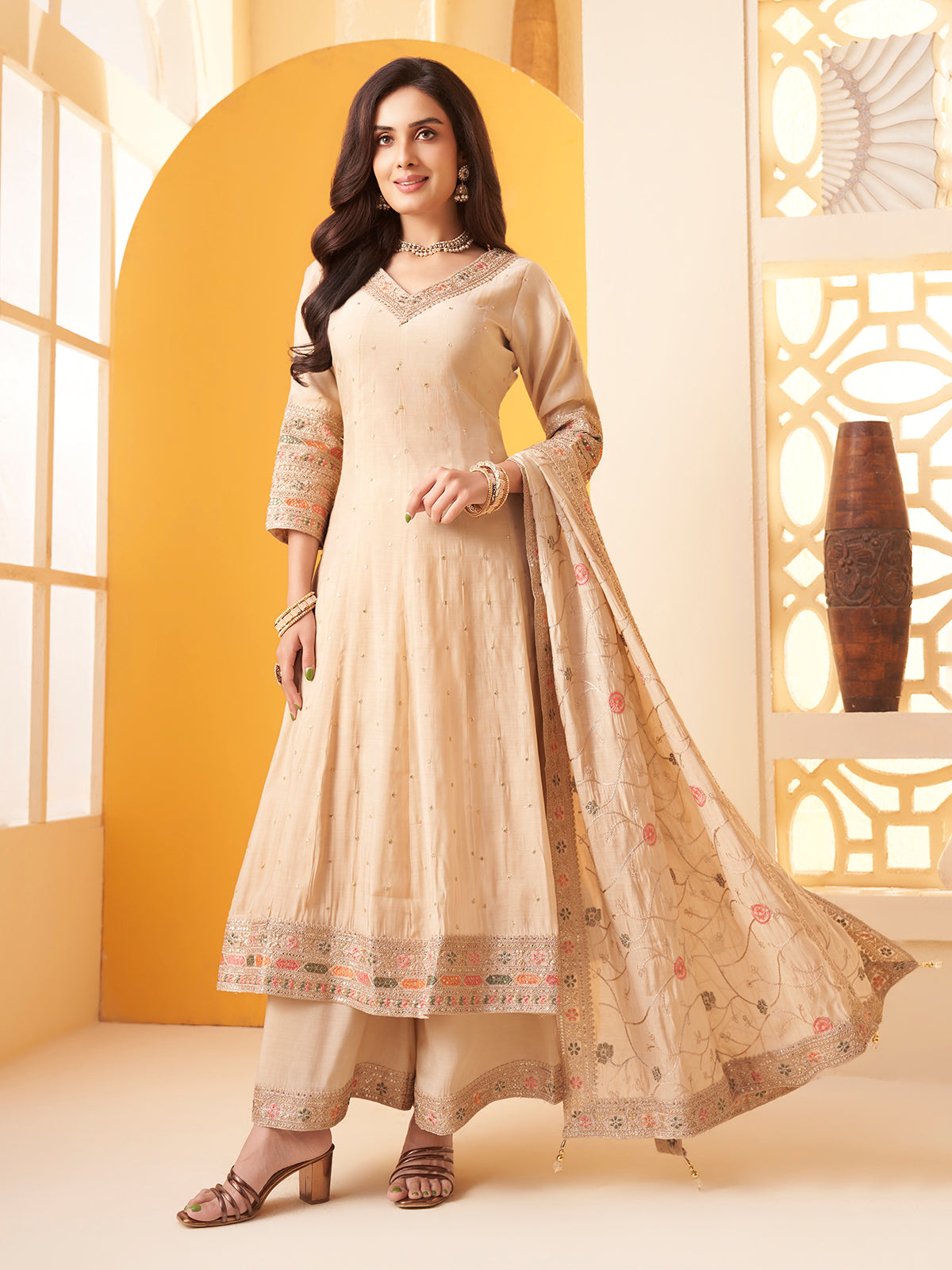 Cream cotton silk embroidered salwar suit for women