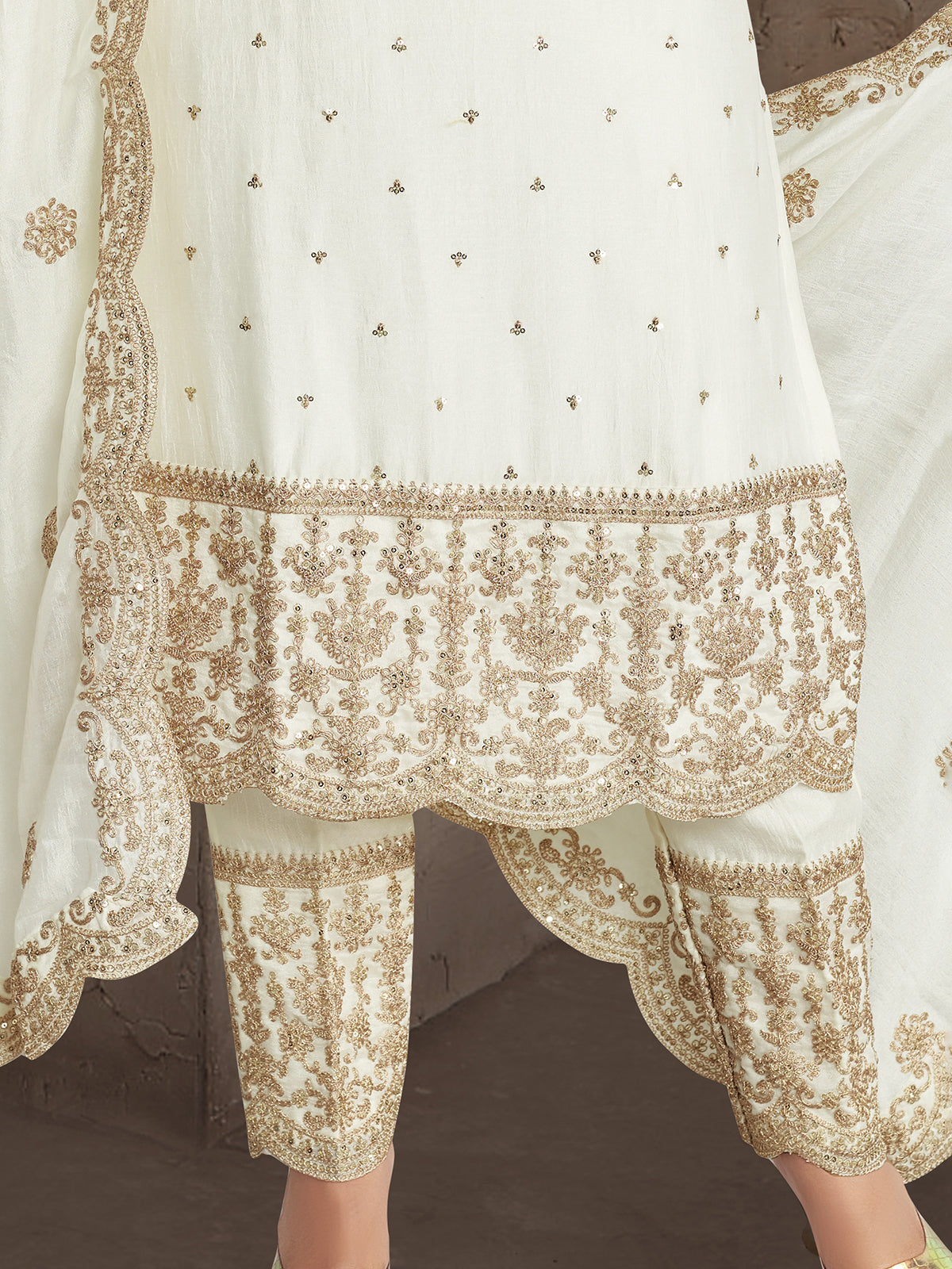 White silk resham embroidered salwar suit for women