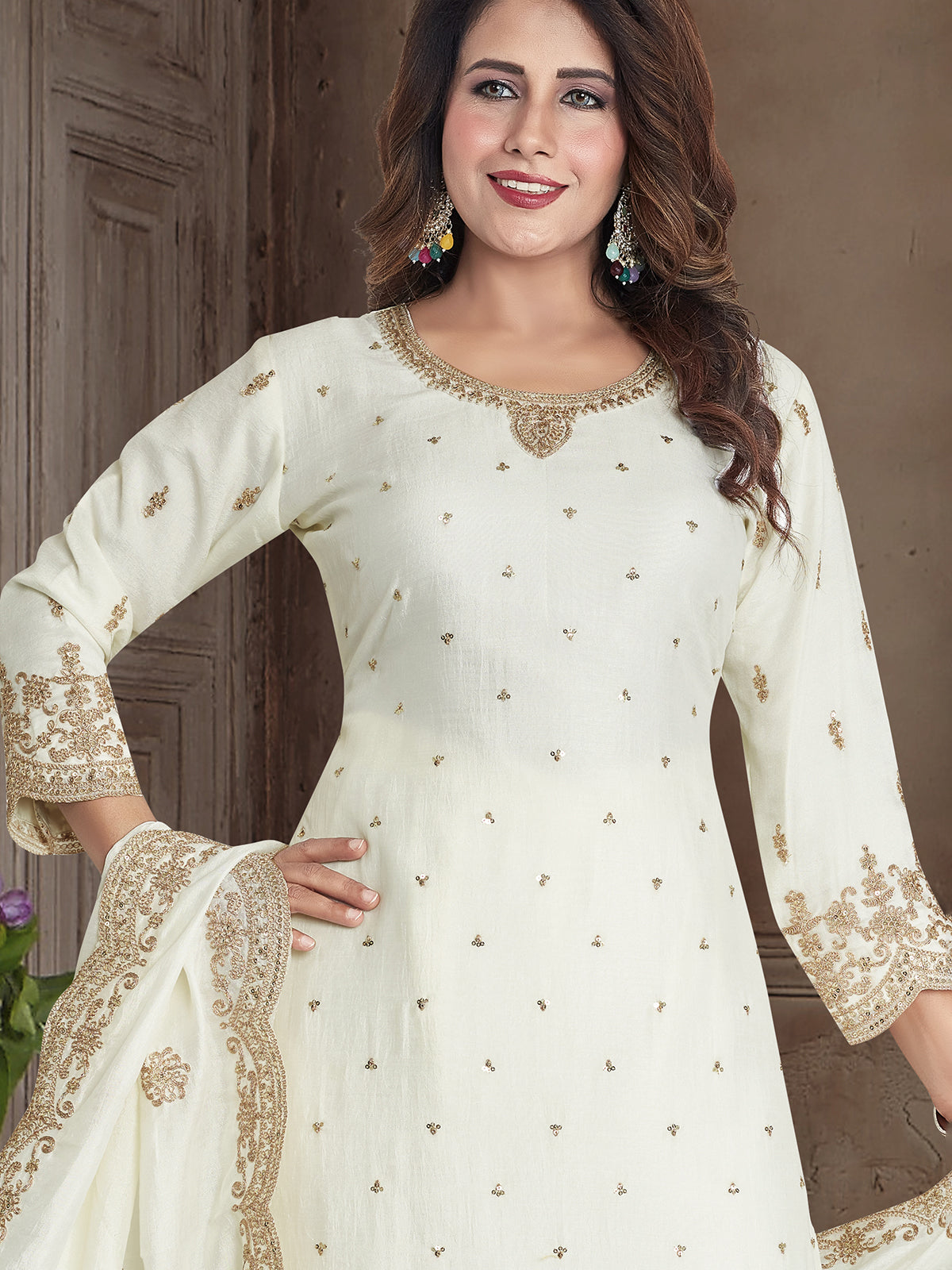 White silk resham embroidered salwar suit for women