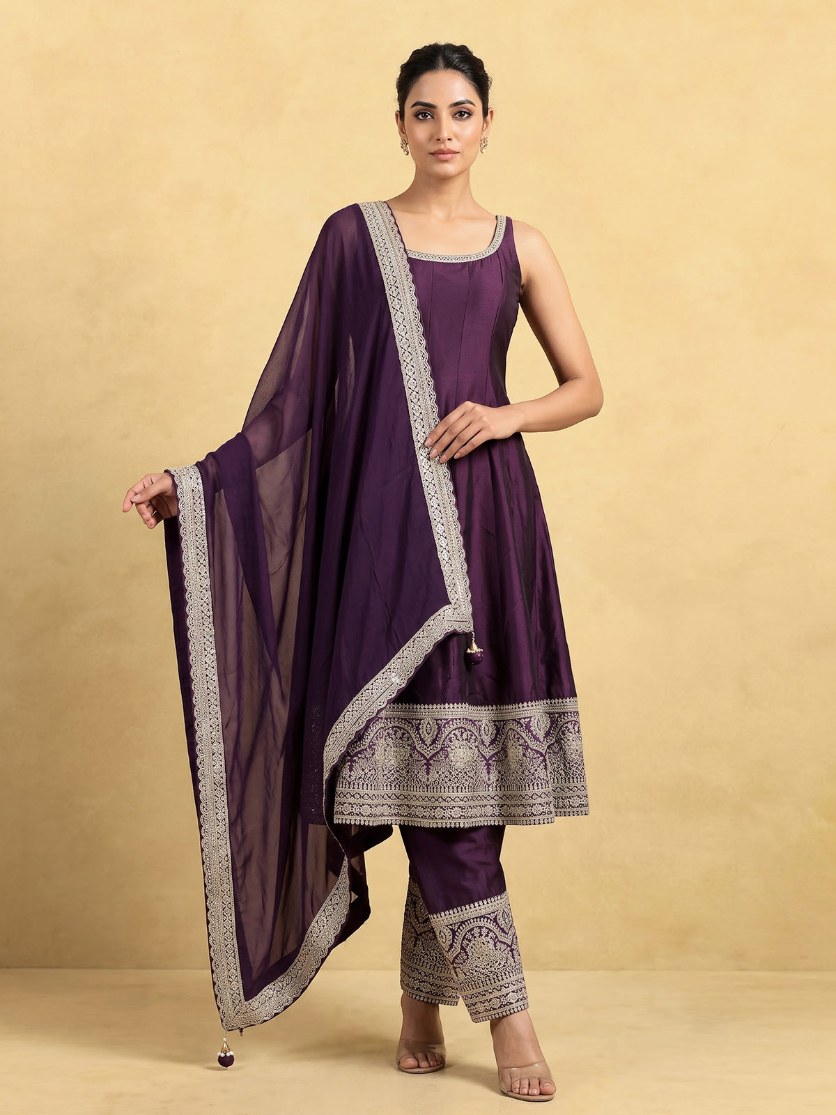 Purple zardosi embroidered women Anarkali salwar suit