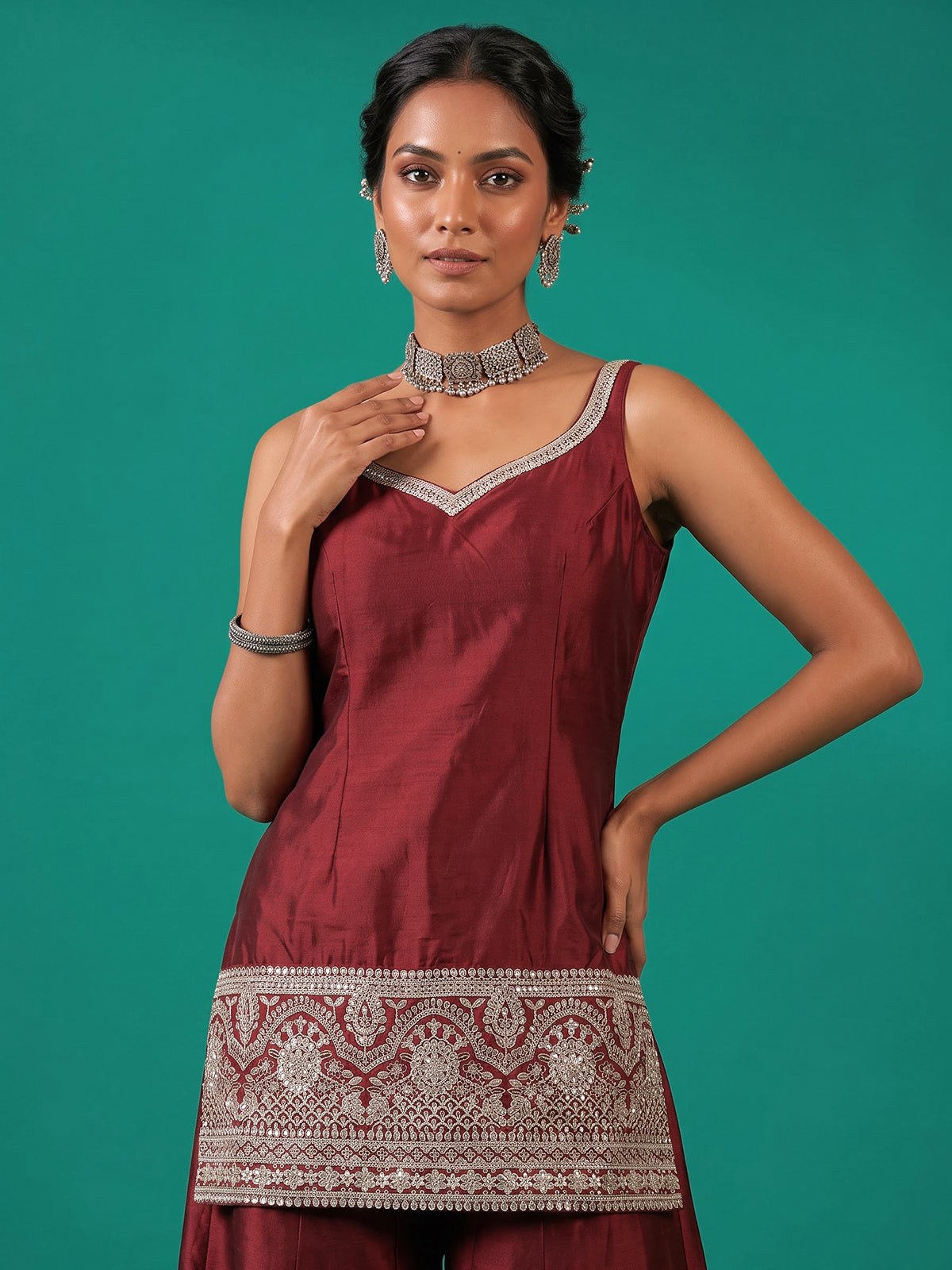 Maroon zardosi embellished women sharara suit with dupatta