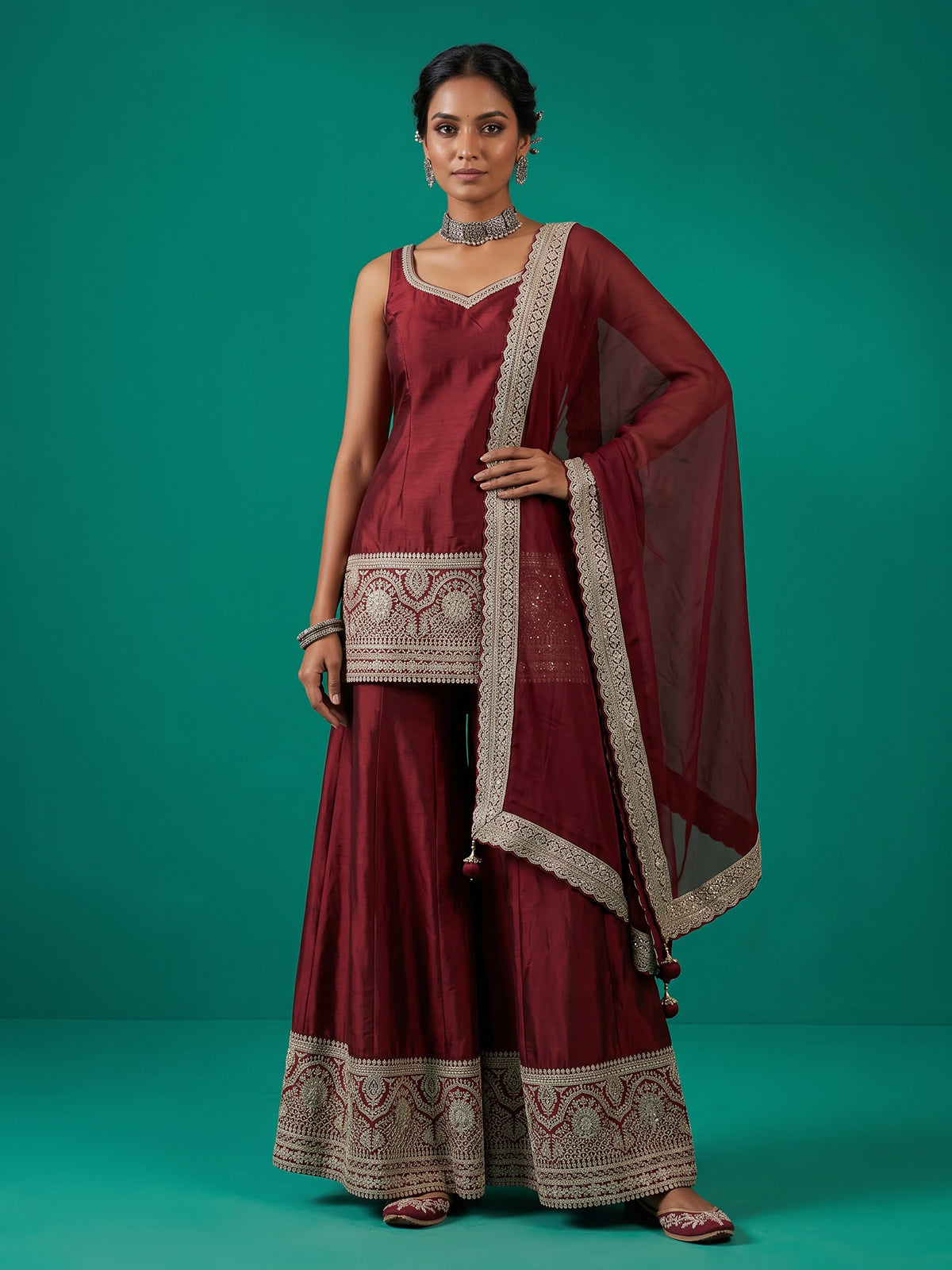 Maroon zardosi embellished women sharara suit with dupatta