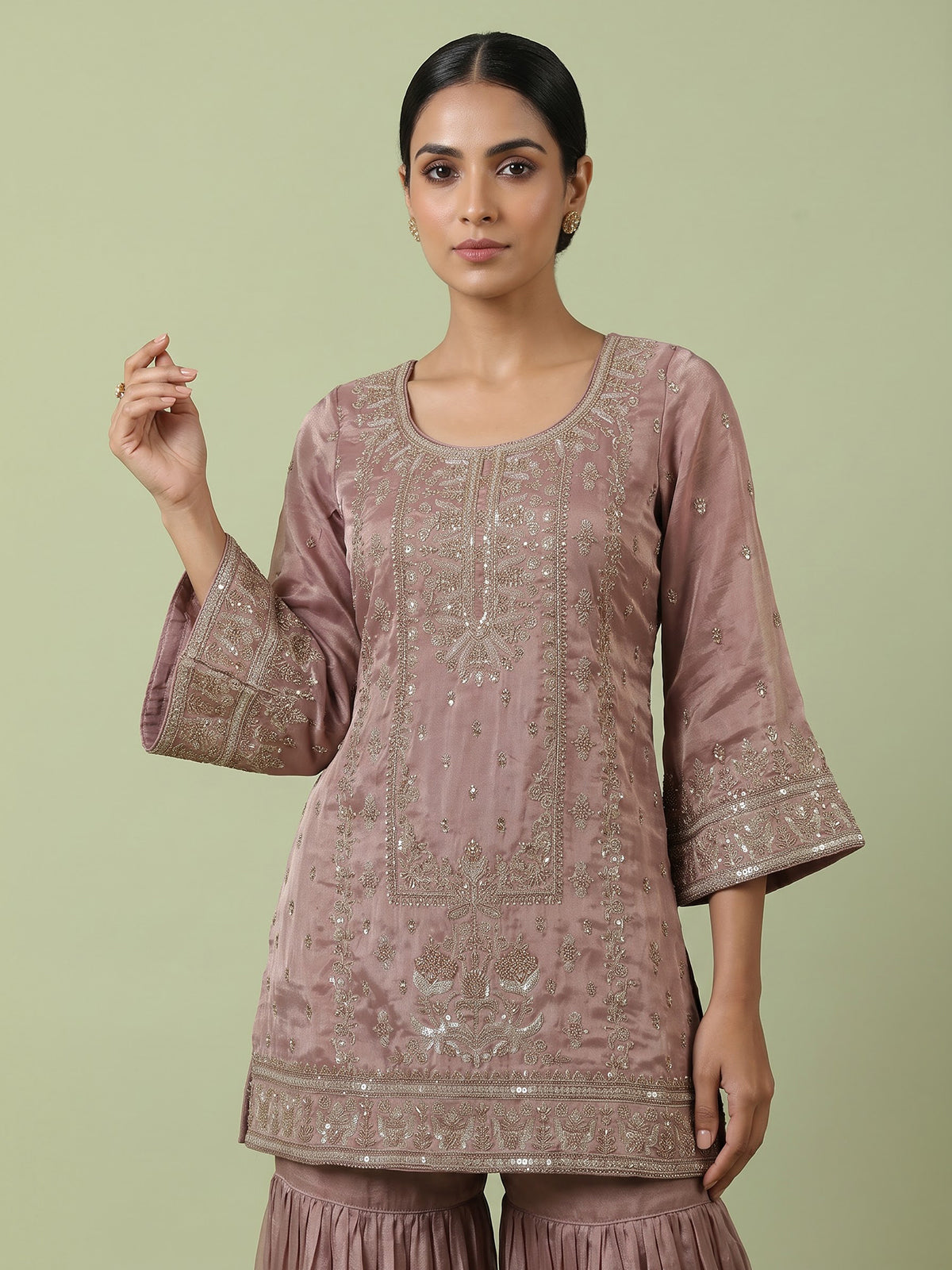 Onion pink embroidered women sharara suit with dupatta
