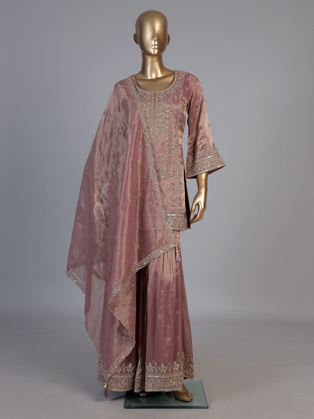 Onion pink embroidered women sharara suit with dupatta