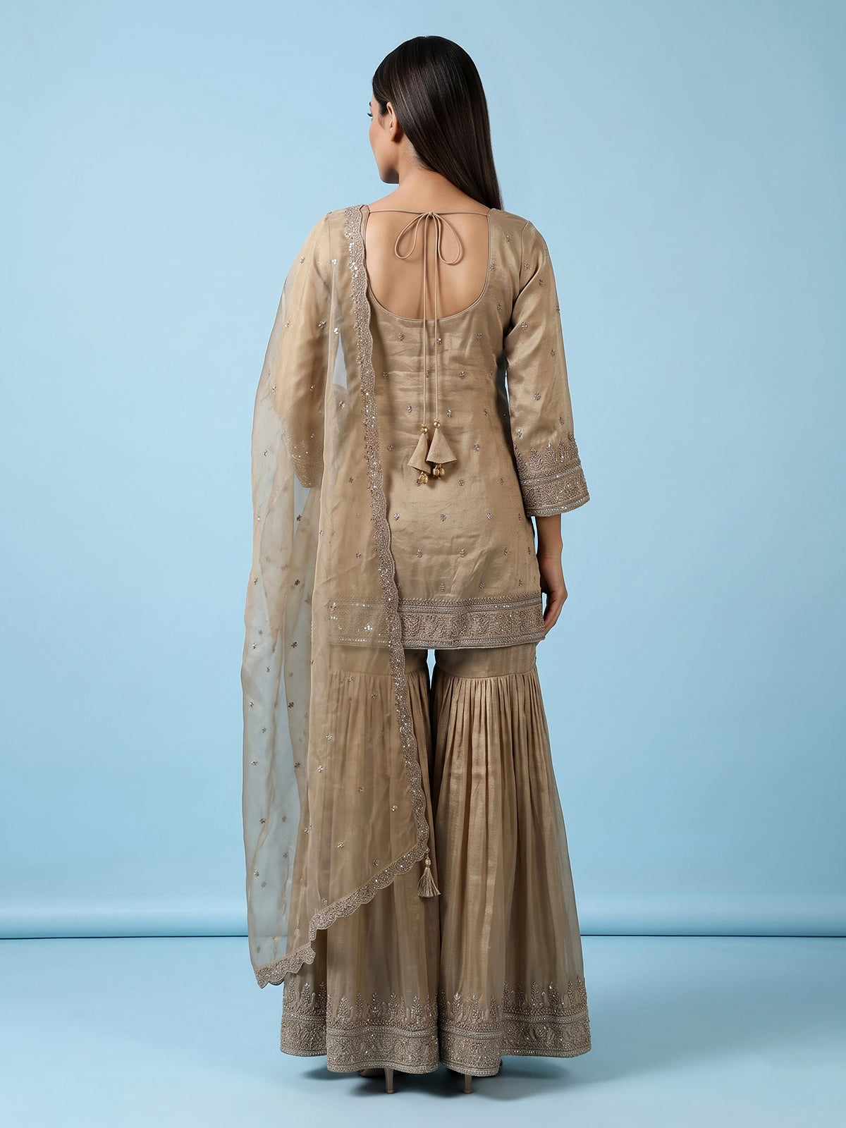 Beige embroidered women sharara suit with dupatta