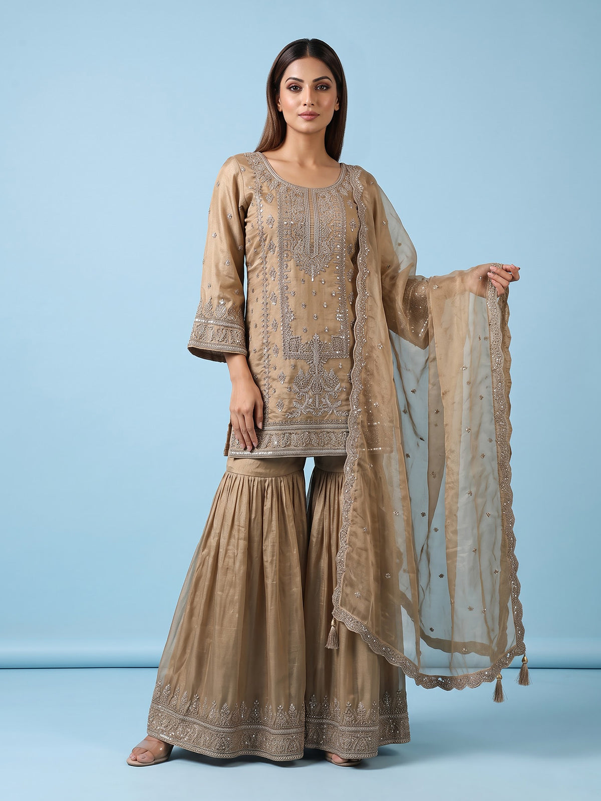 Beige embroidered women sharara suit with dupatta