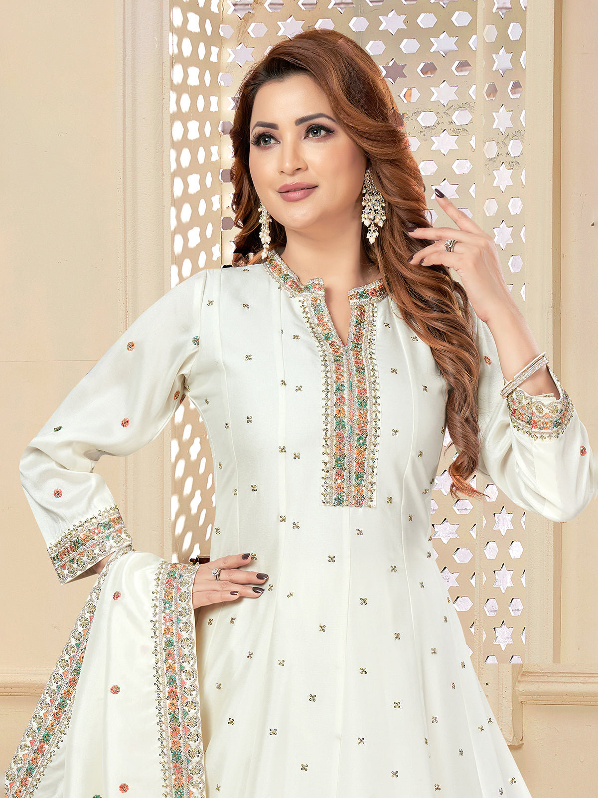 Off white embroidered silk palazzo suit for women