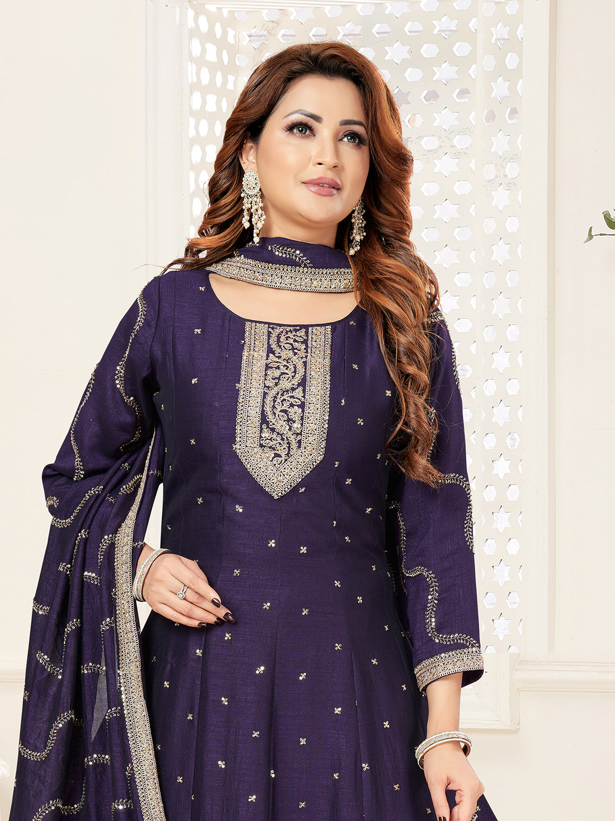 Purple silk festive anarkali salwar suit for women