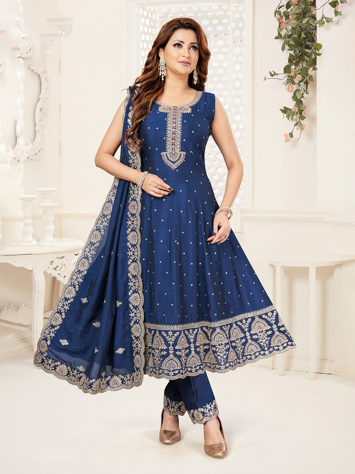 Blue embroidered silk anarkali salwar suit for women