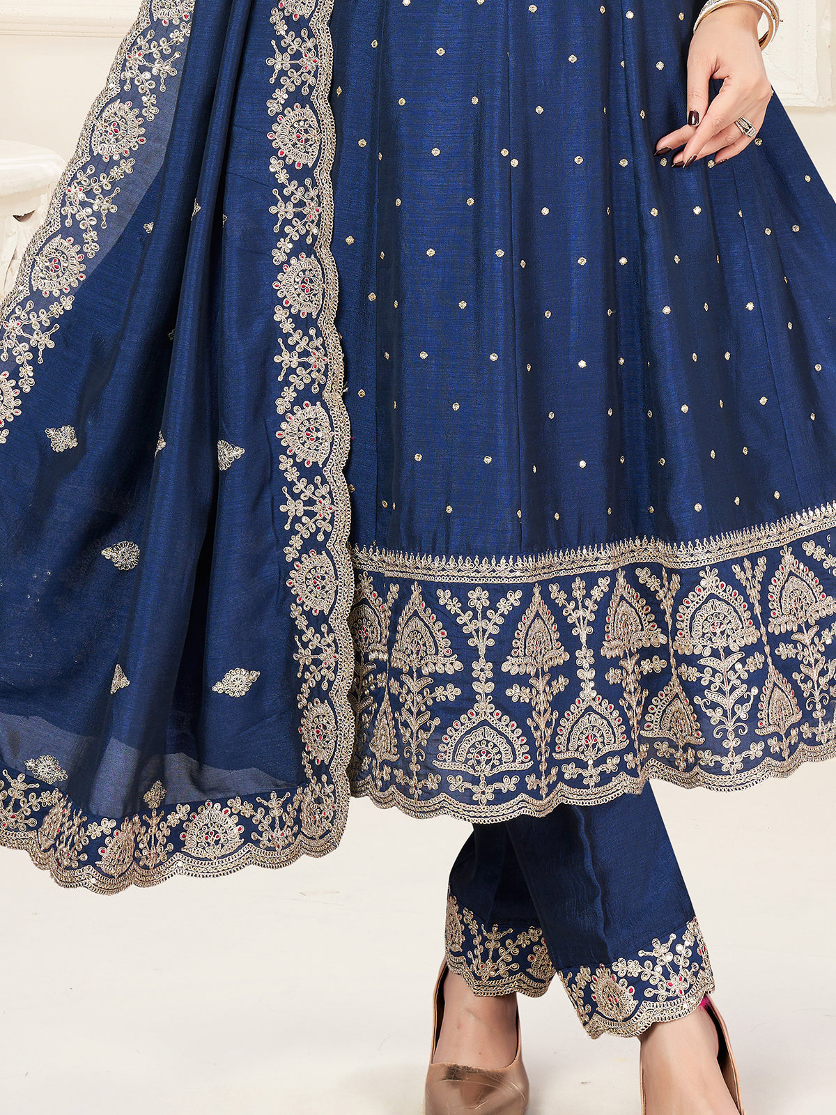 Blue embroidered silk anarkali salwar suit for women