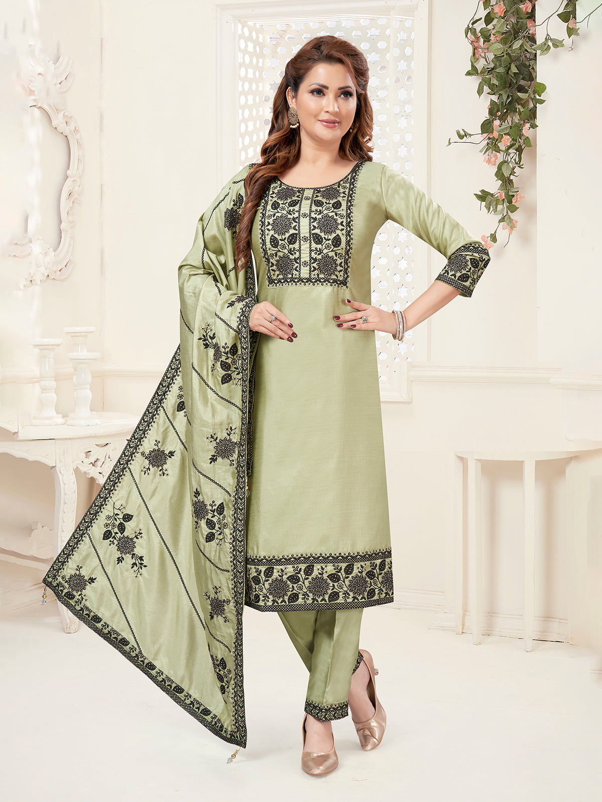 Pista green straight cut festive salwar suit women