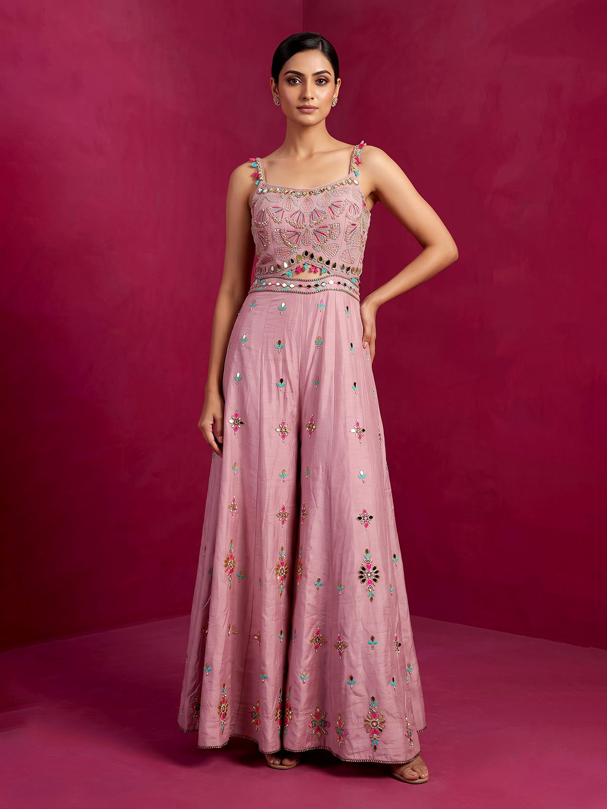 Pink embellished women indo western jumpsuit