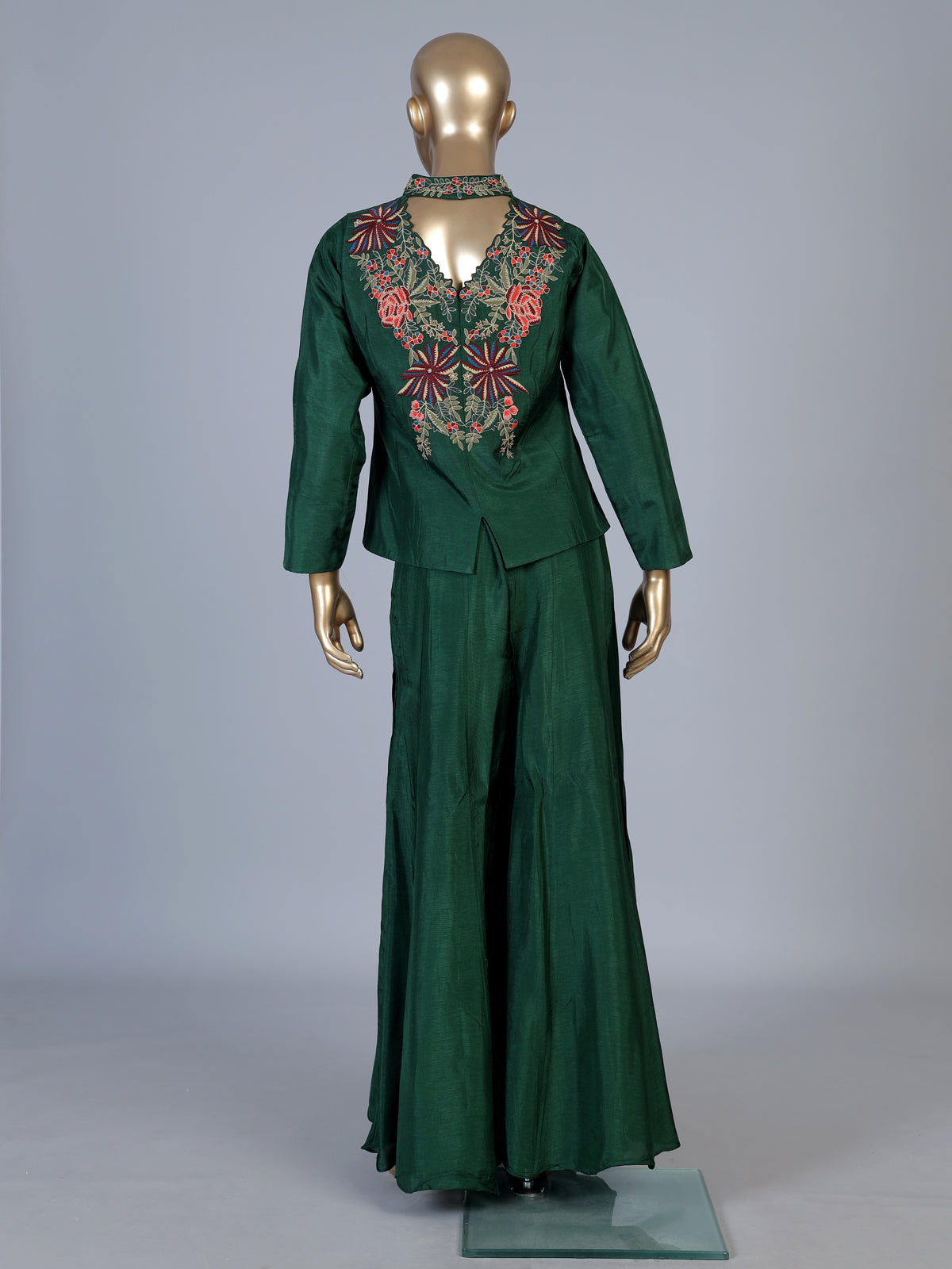 Green embroidered women palazzo indo western suit