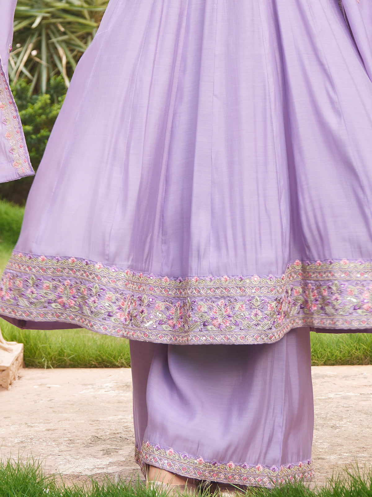 Lavender cotton silk embroidered anarkali palazzo suit