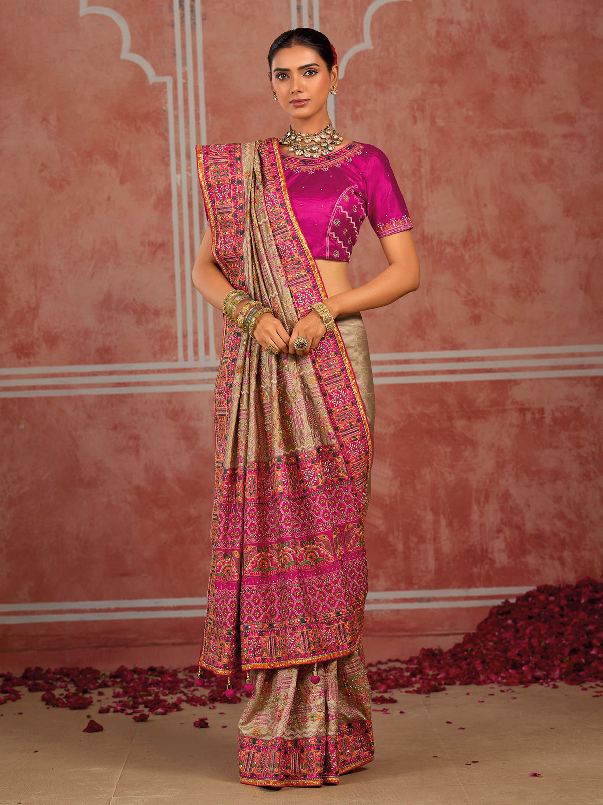 Chiku brown shana silk celebration saree with unstitched blouse