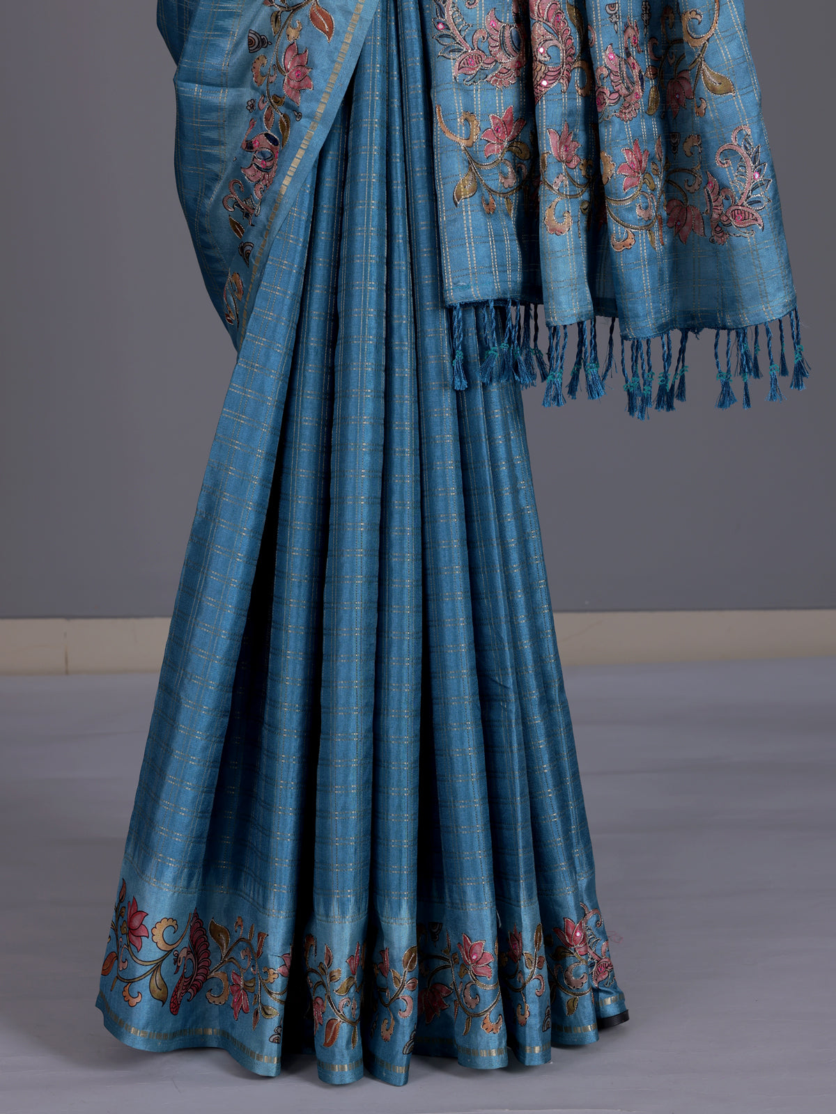 Blue women botanical vine zari saree