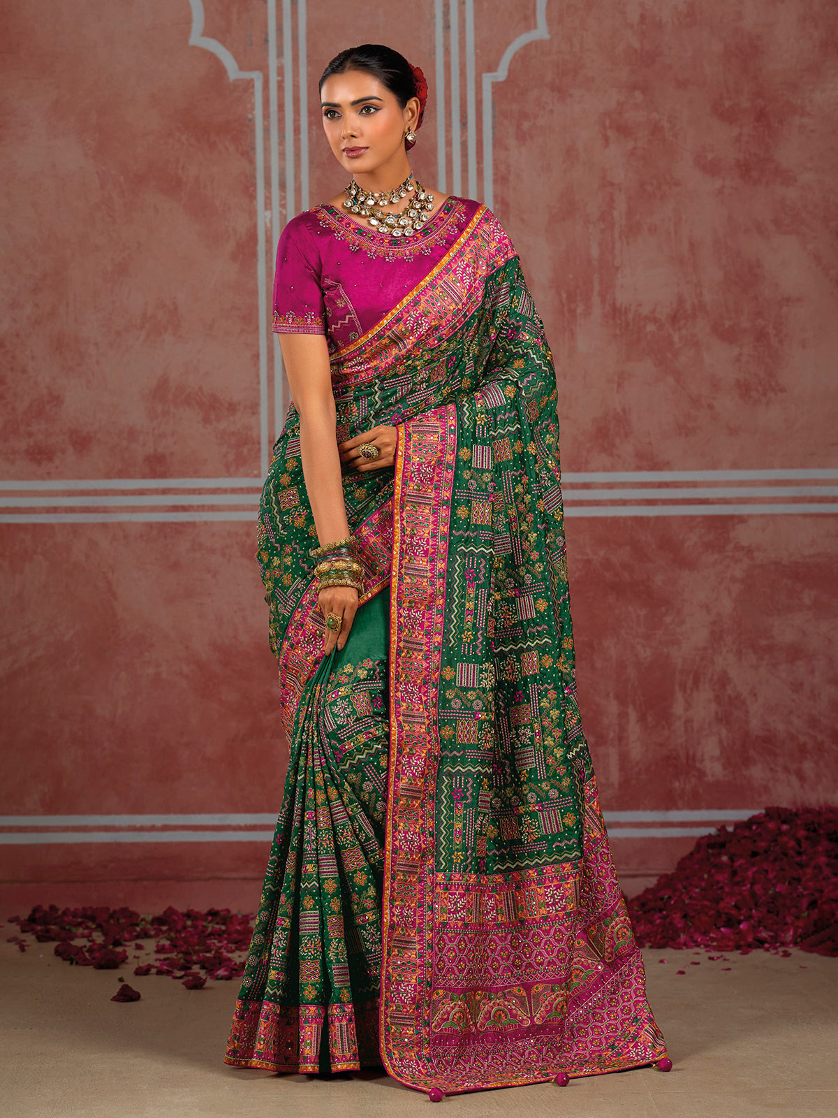 Bottle green shana silk festive saree with unstitched blouse