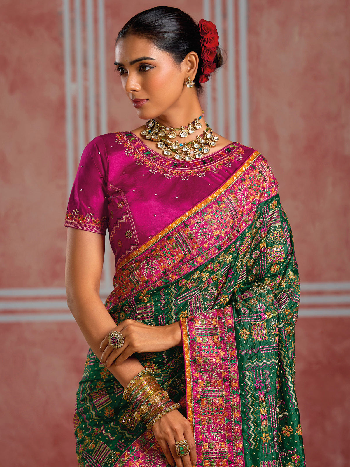 Bottle green shana silk festive saree with unstitched blouse
