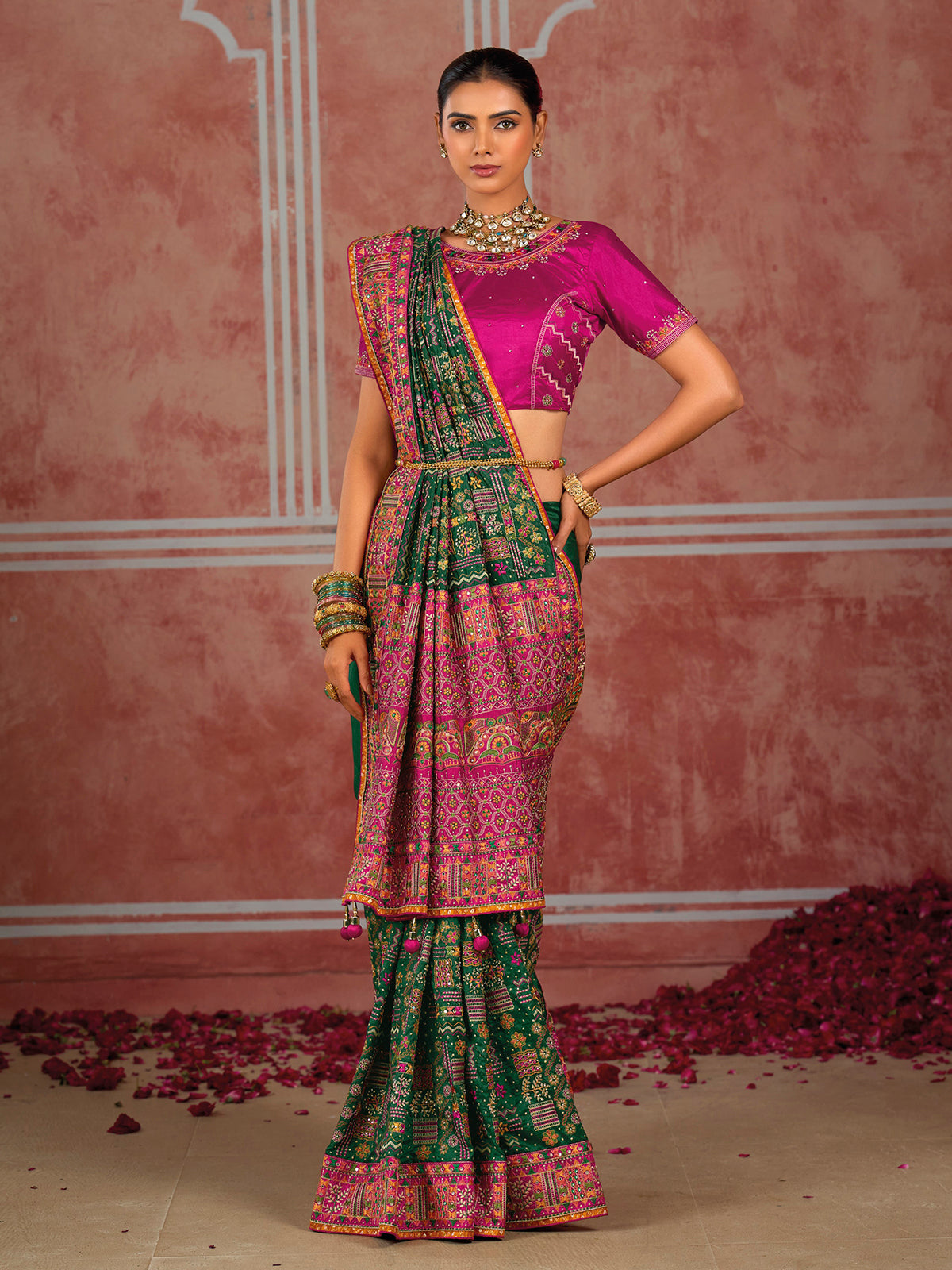 Bottle green shana silk festive saree with unstitched blouse